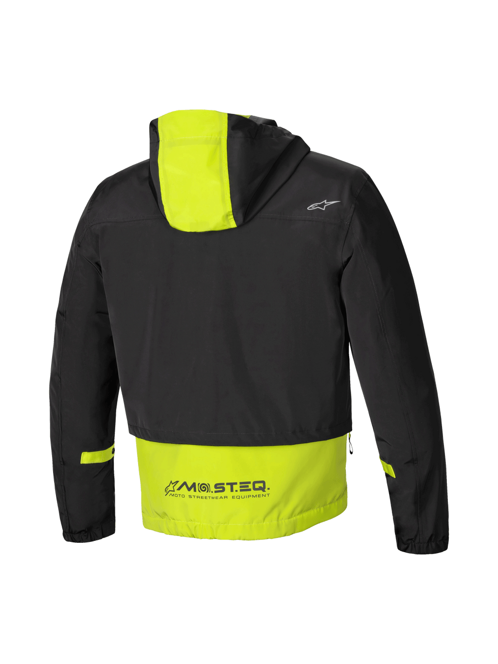 Alpinestars Mootant Wasserdicht Parka, modulare Motorradjacke, Rückansicht mit Kapuze und MO.ST.EQ.-Branding, Schwarz und Limettenpunsch, CE-zertifiziert