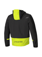 Alpinestars Mootant Wasserdicht Parka, modulare Motorradjacke, Rückansicht mit Kapuze und MO.ST.EQ.-Branding, Schwarz und Limettenpunsch, CE-zertifiziert