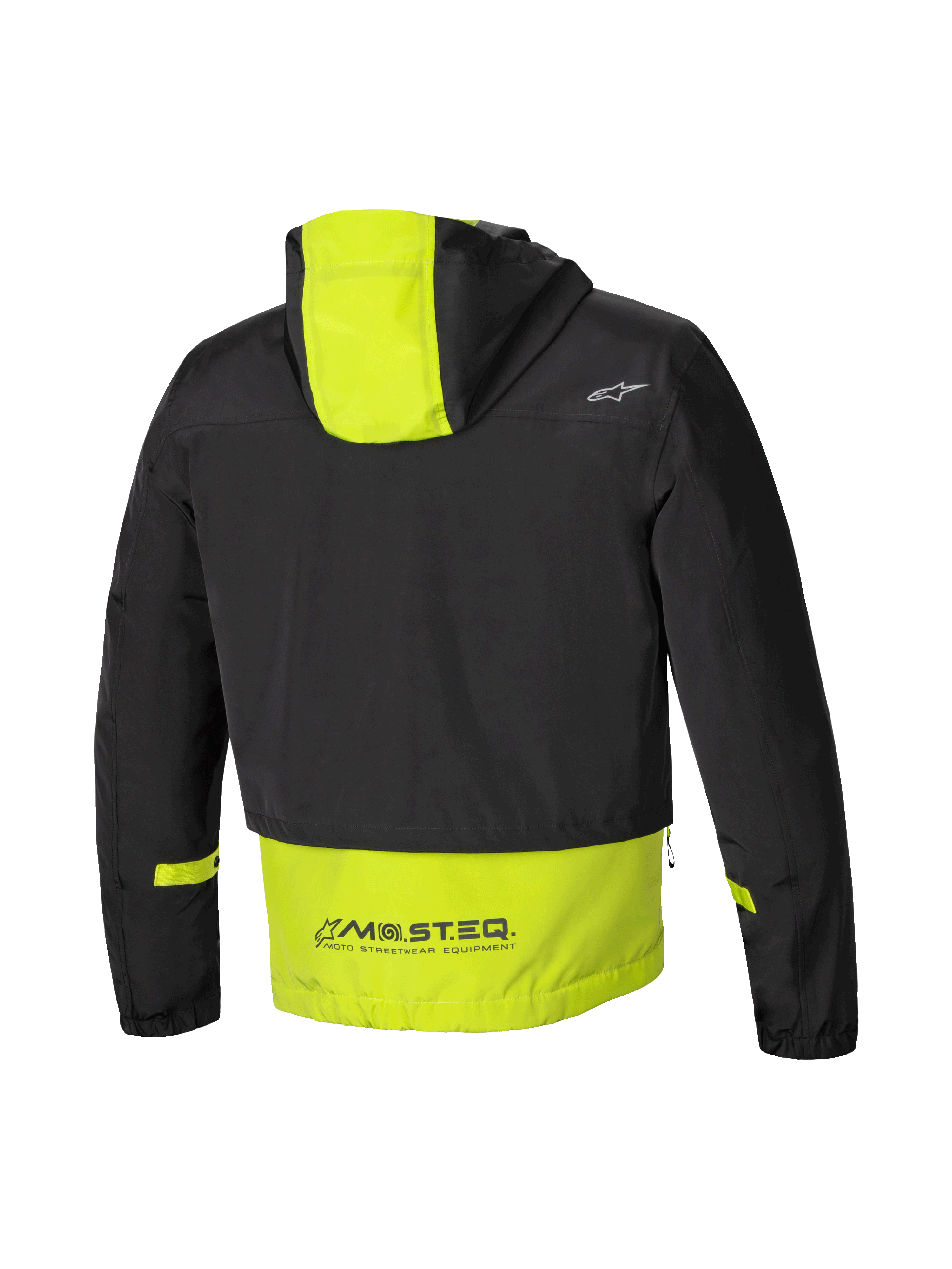Alpinestars Mootant Wasserdicht Parka, modulare Motorradjacke, Rückansicht mit Kapuze und MO.ST.EQ.-Branding, Schwarz und Limettenpunsch, CE-zertifiziert