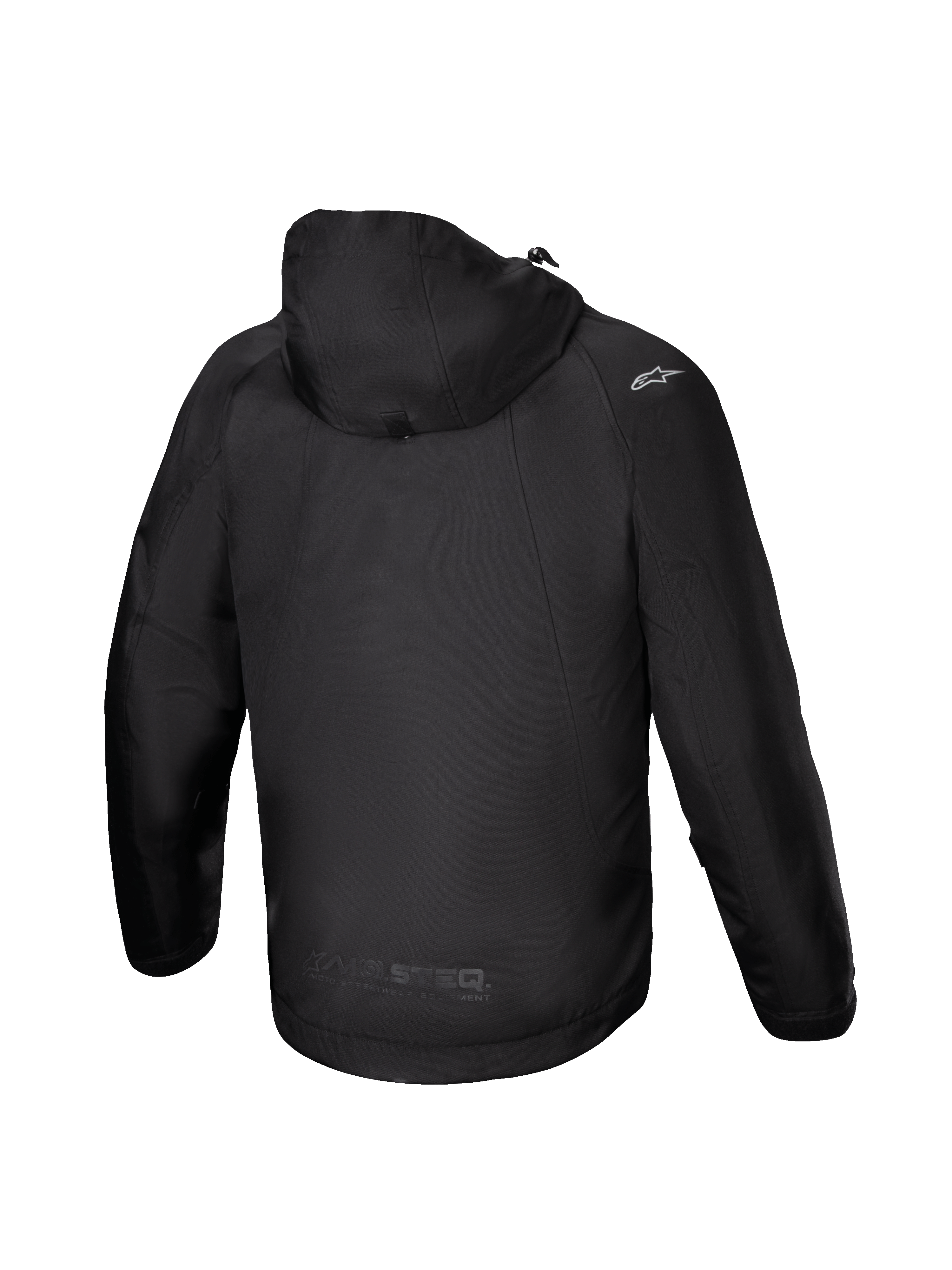 Alpinestars Morush Wasserdicht Parka, Urban-Motorradjacke für Herren, Schwarz, Textil, Rückansicht mit sturmfester Kapuze und Raglanärmeln, CE-zertifiziert.