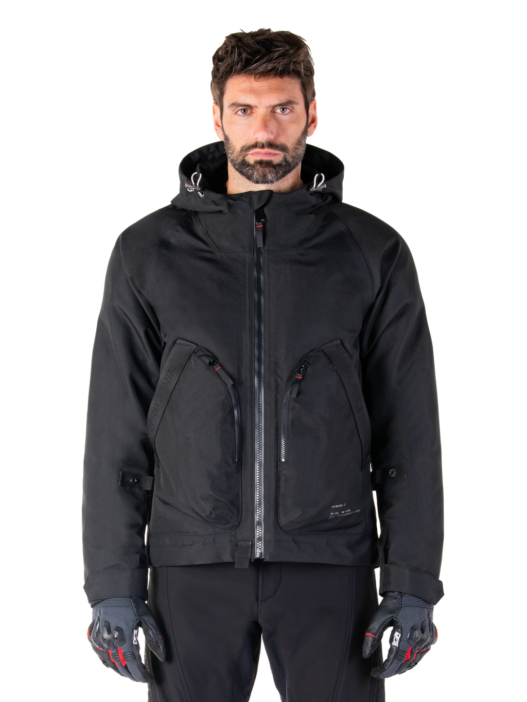 Alpinestars Morush Wasserdicht Parka, Herren-Motorradjacke, Schwarz, wasserdicht mit Kapuze und großen Reißverschlusstaschen.