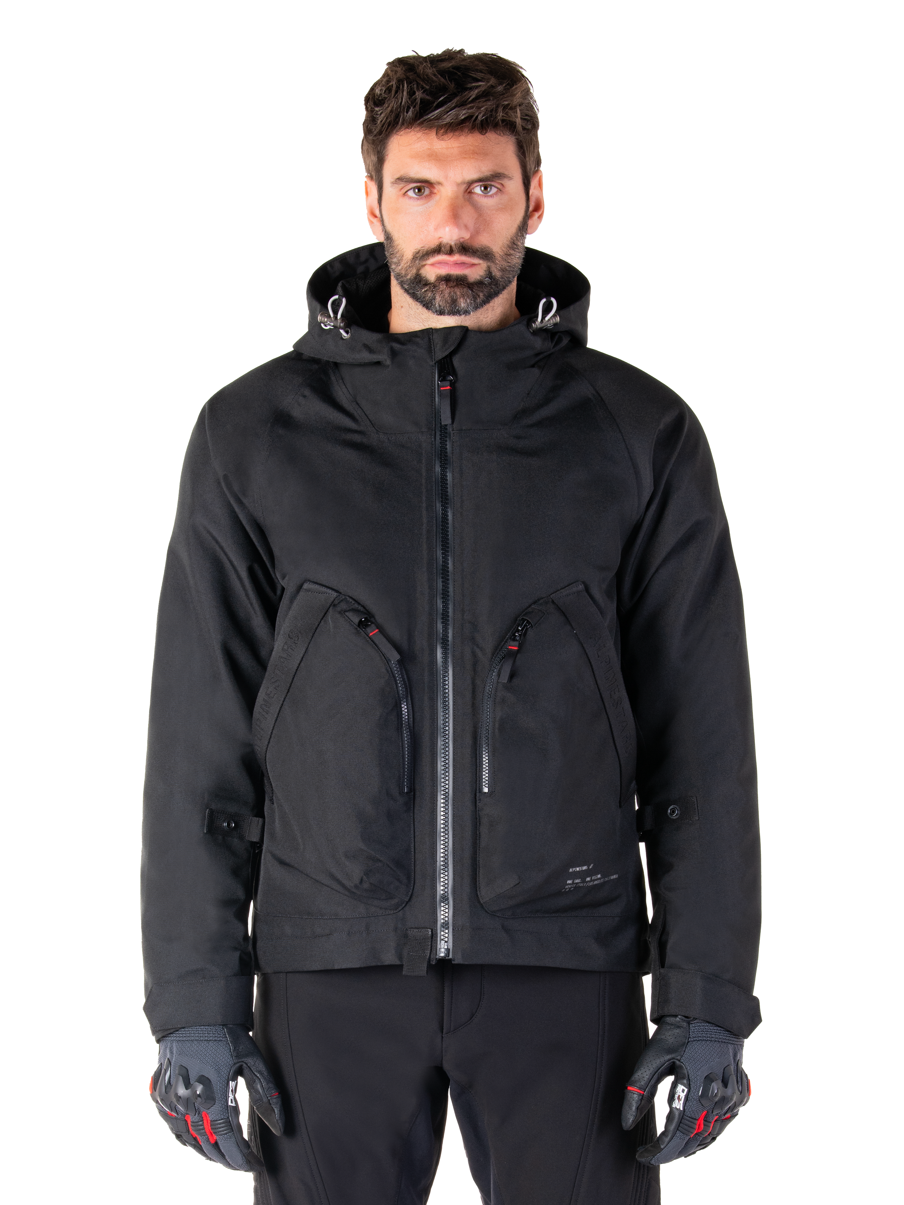Alpinestars Morush Wasserdicht Parka, Herren-Motorradjacke, Schwarz, wasserdicht mit Kapuze und großen Reißverschlusstaschen.