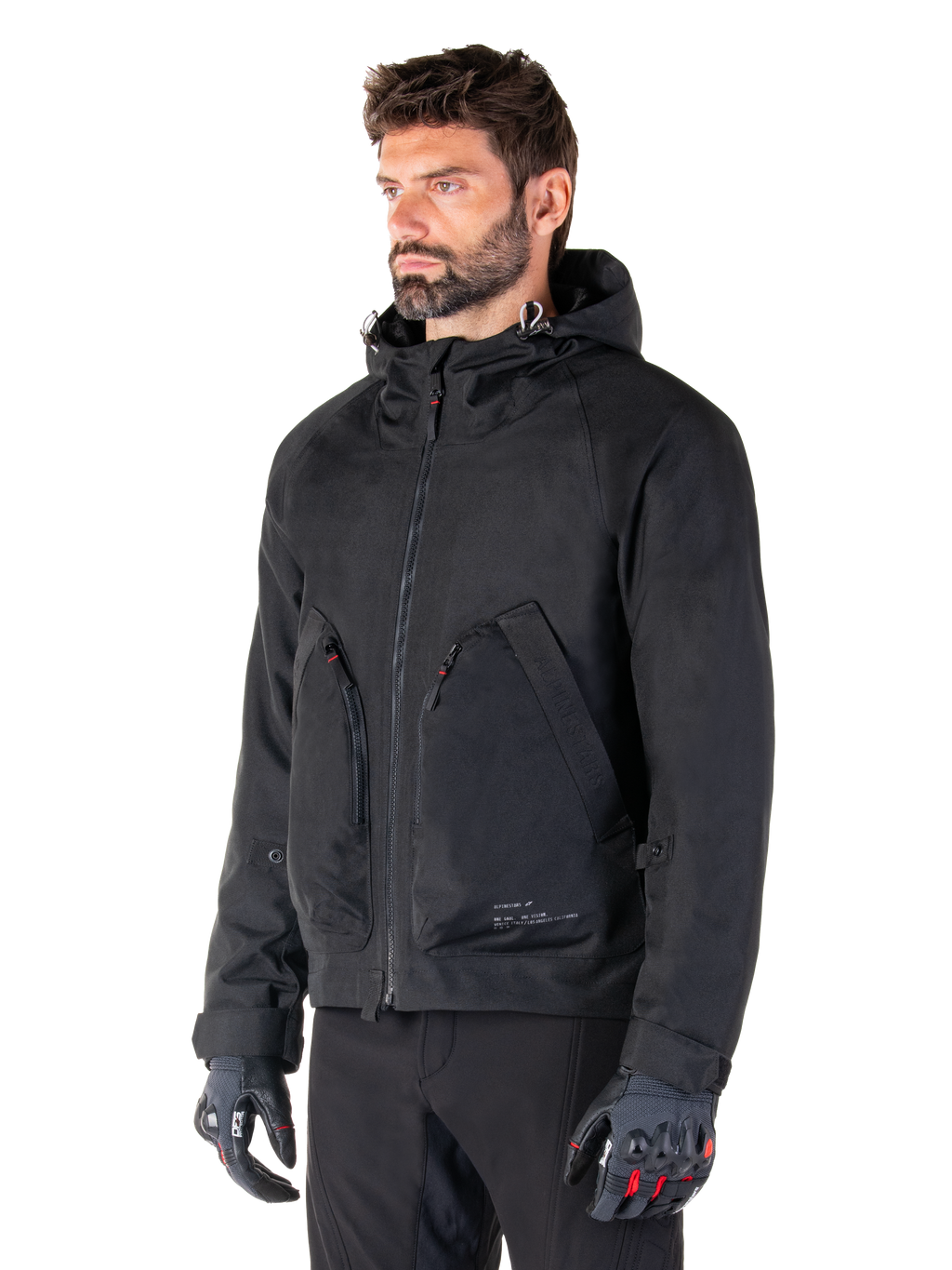 Alpinestars Morush Wasserdicht Parka, urbane Herren-Motorradjacke, Schwarz, Textil, CE-zertifiziert, Tech-Air® Ready, mit Kapuze, getragen von einem Mann.