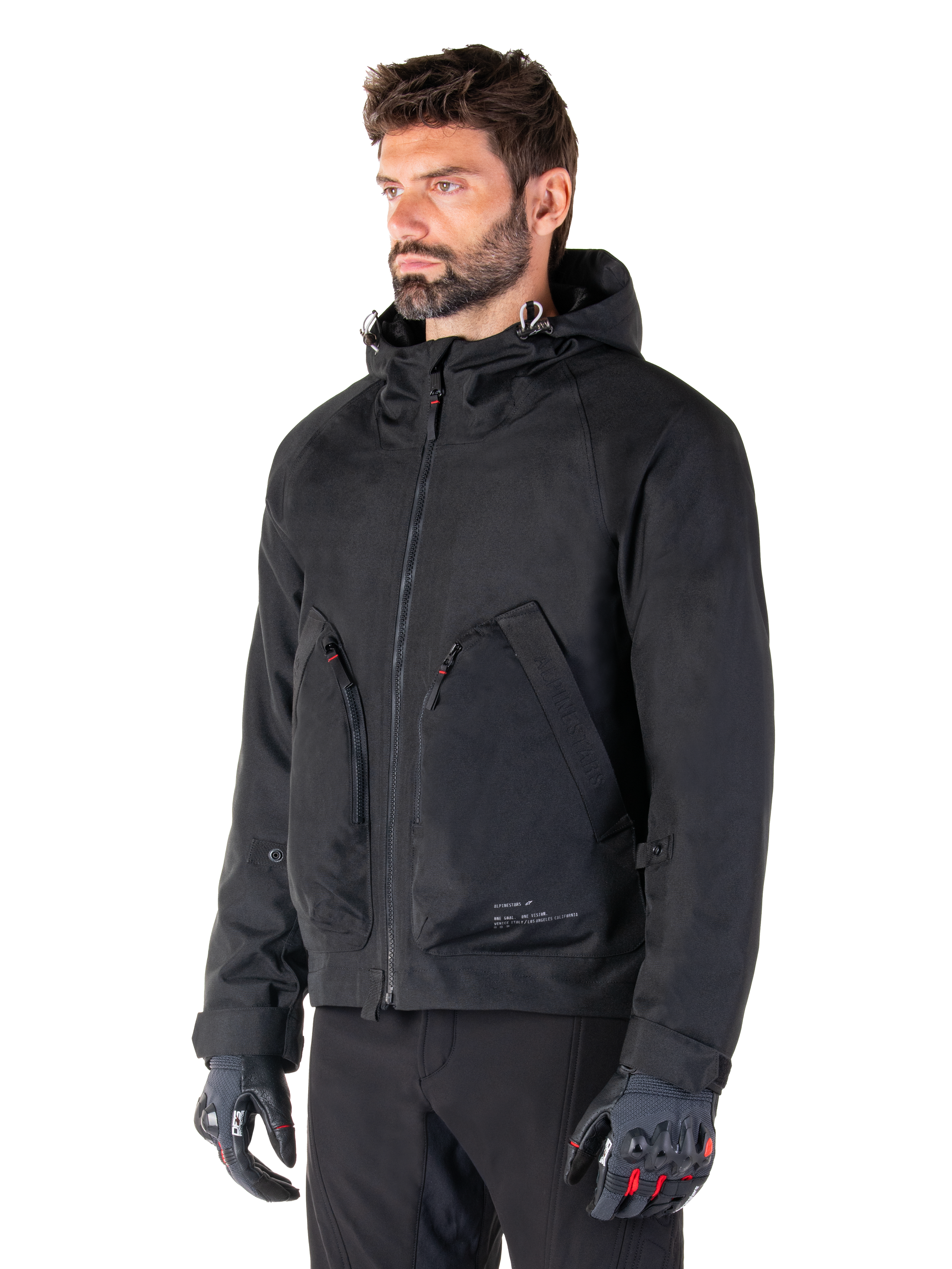 Alpinestars Morush Wasserdicht Parka, urbane Herren-Motorradjacke, Schwarz, Textil, CE-zertifiziert, Tech-Air® Ready, mit Kapuze, getragen von einem Mann.
