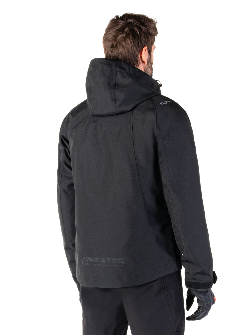Alpinestars Morush Wasserdicht Parka, Herren-Motorradjacke in Schwarz, Rückansicht mit Kapuze und MO.ST.EQ.-Branding.