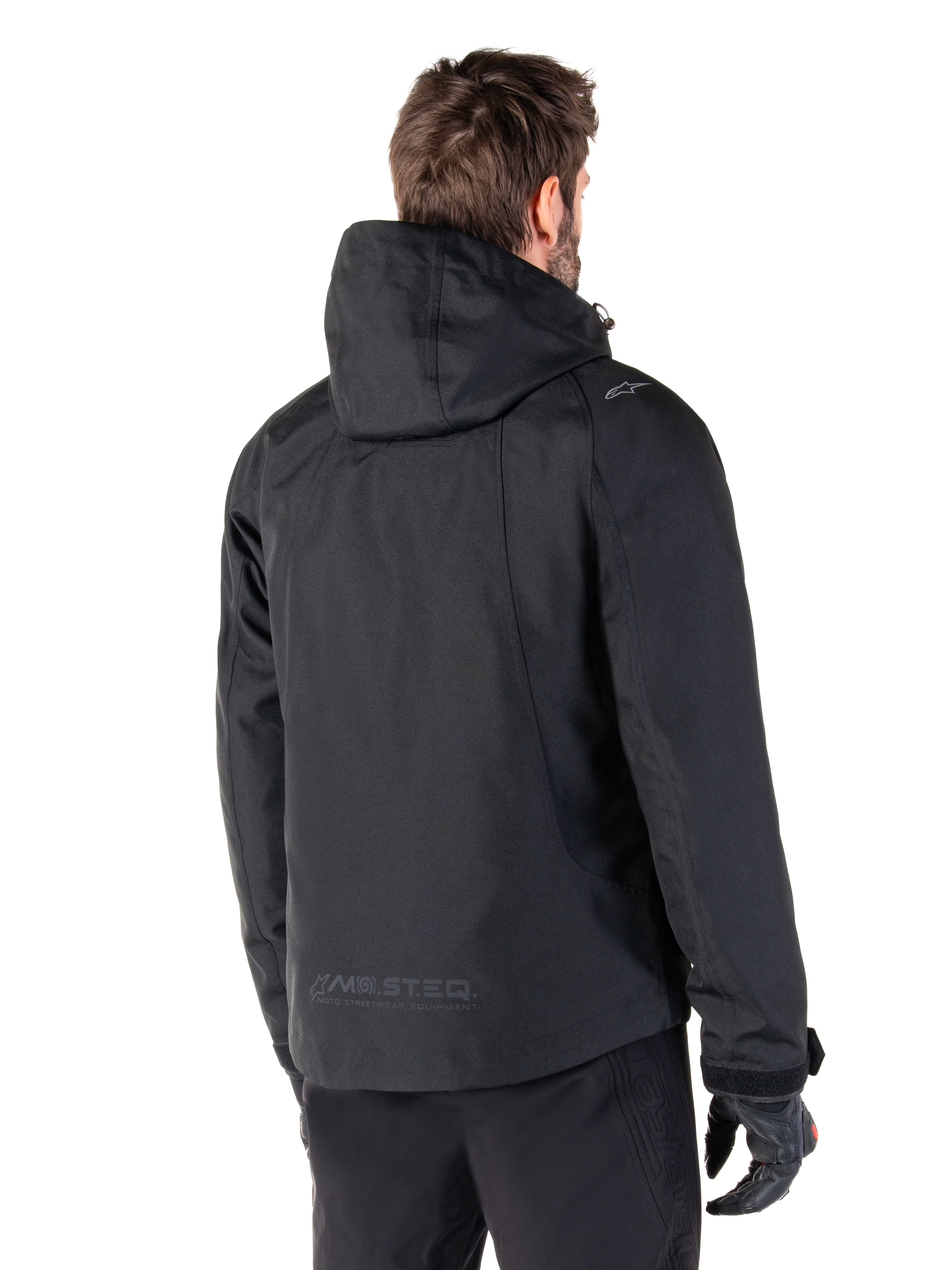 Alpinestars Morush Wasserdicht Parka, Herren-Motorradjacke in Schwarz, Rückansicht mit Kapuze und MO.ST.EQ.-Branding.