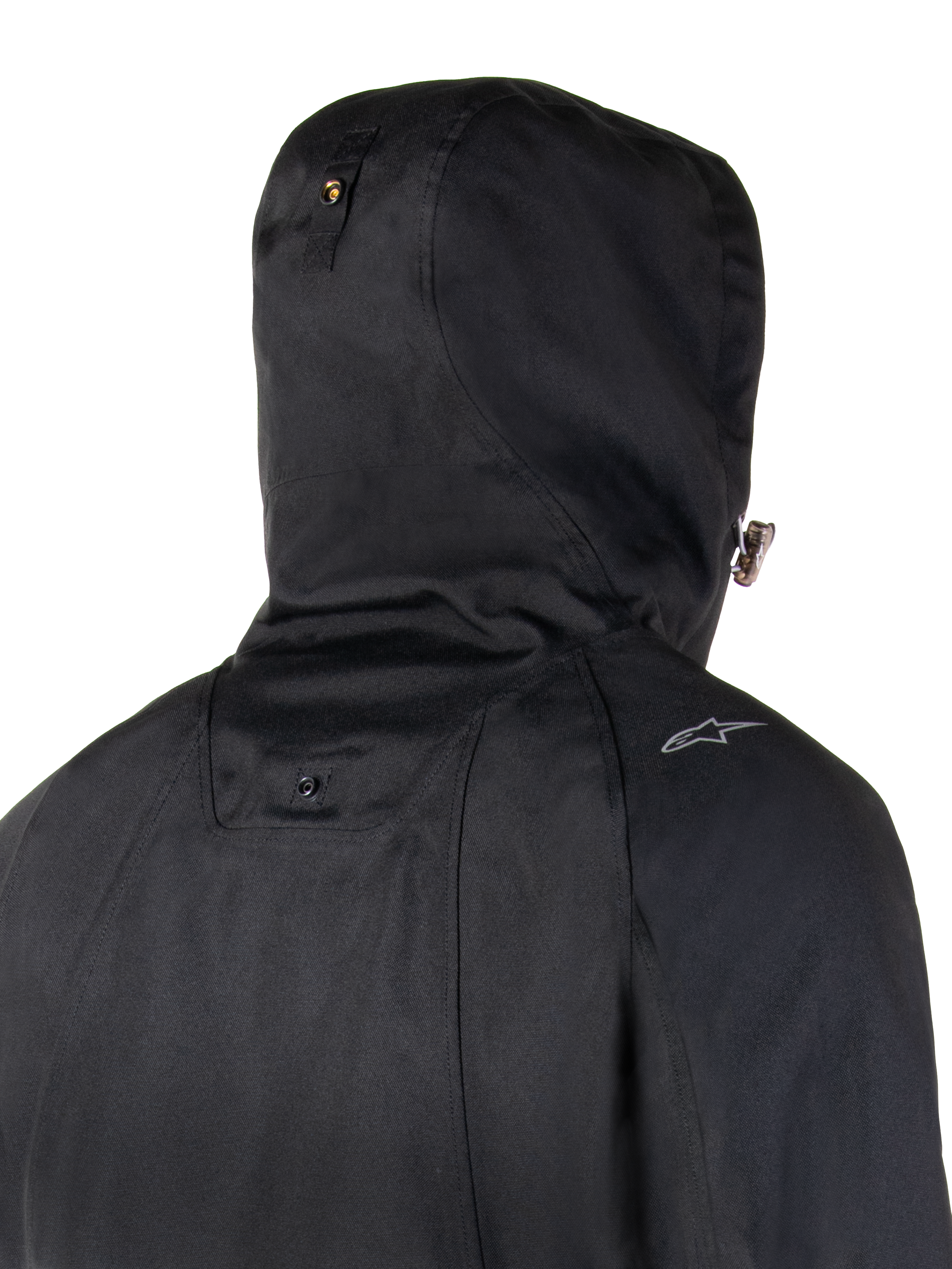 Alpinestars Morush Wasserdichter Parka, Urban-Motorradjacke, Schwarz, sturmsicheres Kapuzensystem mit Druckknopf-Verankerung.
