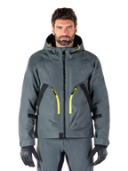 Alpinestars Morush Waterproof Parka, veste de moto gris urbain, fermetures éclair jaune vif et accents noirs, modèle à capuche avec de grandes poches avant, style technique inspiré du streetwear