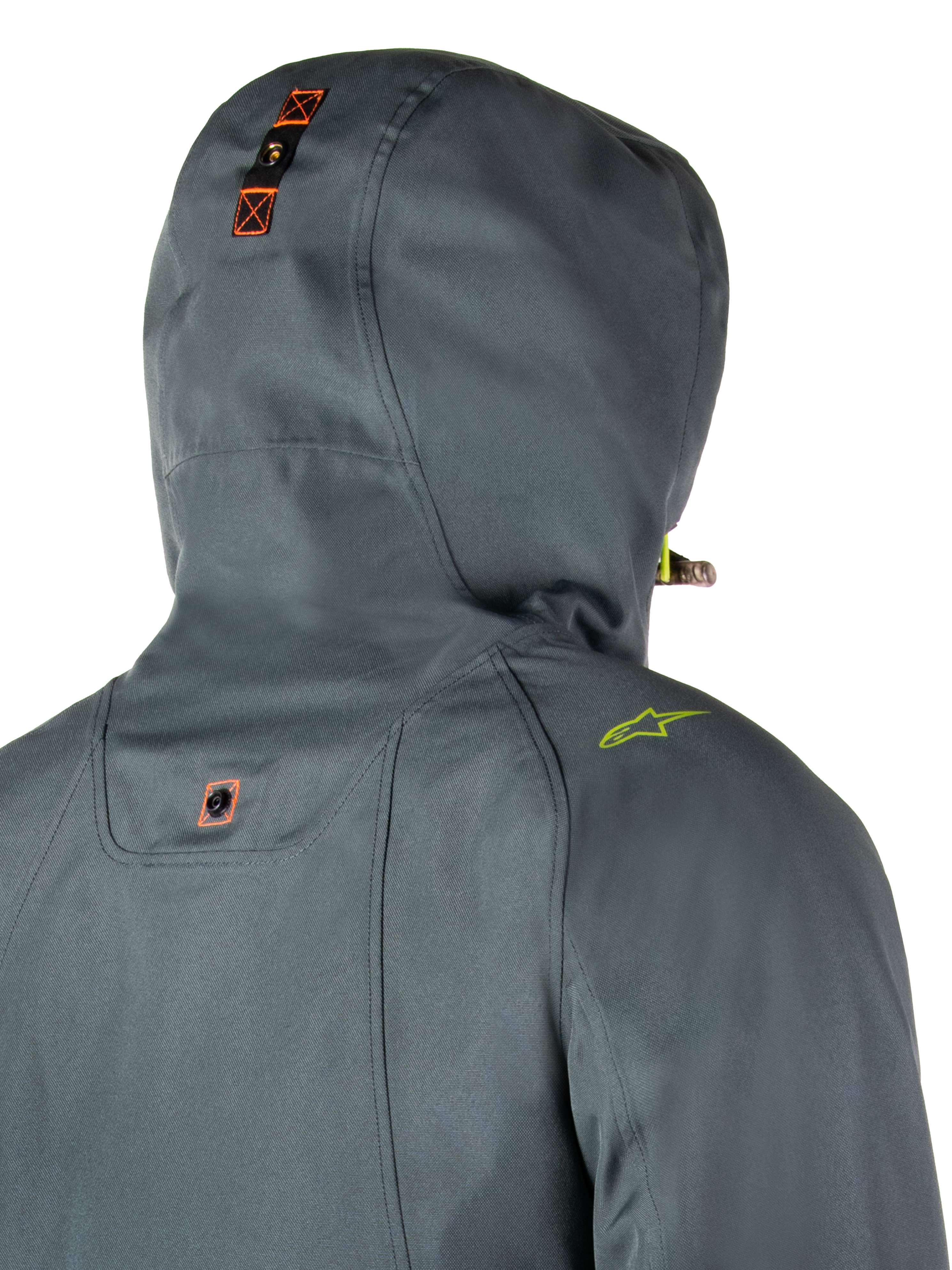 Alpinestars Morush Waterproof Parka, Gris urbain, vue arrière détaillée de la capuche avec système de fixation par boutons-pression et accents orange, logo d'épaule vert citron, vêtement moto urbain imperméable