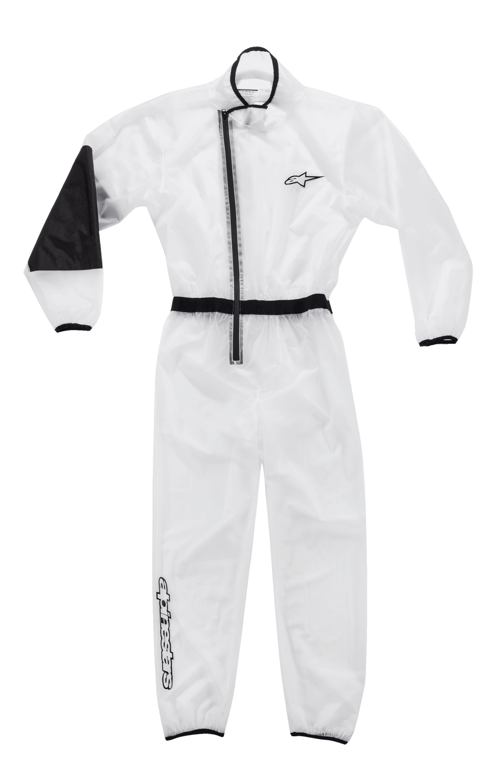Alpinestars Kart Rain Suit, Transparent Karting Oversuit, Clear with black trim, featuring an asymmetric zipper, elasticated waist and cuffs, reinforced heat-resistant elbow panel, Alpinestars branding on chest and leg