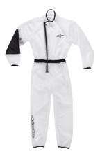 Alpinestars Kart Rain Suit, Transparent Karting Oversuit, Clear with black trim, featuring an asymmetric zipper, elasticated waist and cuffs, reinforced heat-resistant elbow panel, Alpinestars branding on chest and leg