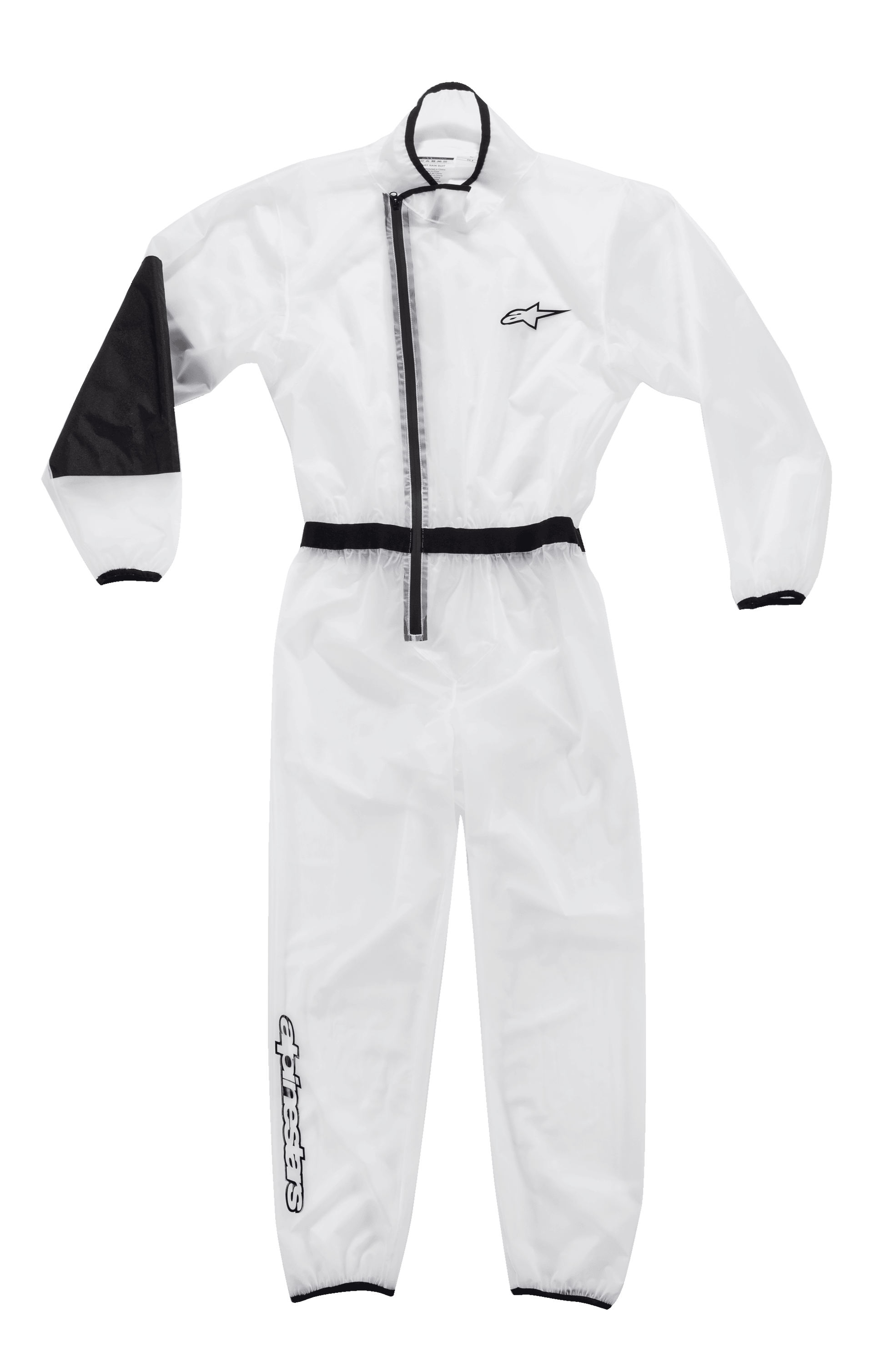 Alpinestars Kart Rain Suit, Transparent Karting Oversuit, Clear with black trim, featuring an asymmetric zipper, elasticated waist and cuffs, reinforced heat-resistant elbow panel, Alpinestars branding on chest and leg