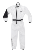 Alpinestars Jeugd Kart Regenpak, transparant waterdicht overpak, helder met zwarte accenten, voorzien van een versterkt zwart rechter elleboogpaneel, asymmetrische ritssluiting aan de voorzijde, elastische taille en manchetten, Alpinestars-logo's op de borst en het onderbeen, gespecialiseerde uitrusting voor karting in nat weer