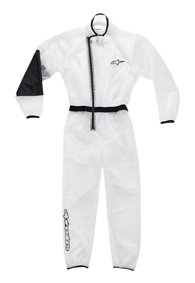 Alpinestars Jeugd Kart Regenpak, transparant waterdicht overpak, helder met zwarte accenten, voorzien van een versterkt zwart rechter elleboogpaneel, asymmetrische ritssluiting aan de voorzijde, elastische taille en manchetten, Alpinestars-logo's op de borst en het onderbeen, gespecialiseerde uitrusting voor karting in nat weer