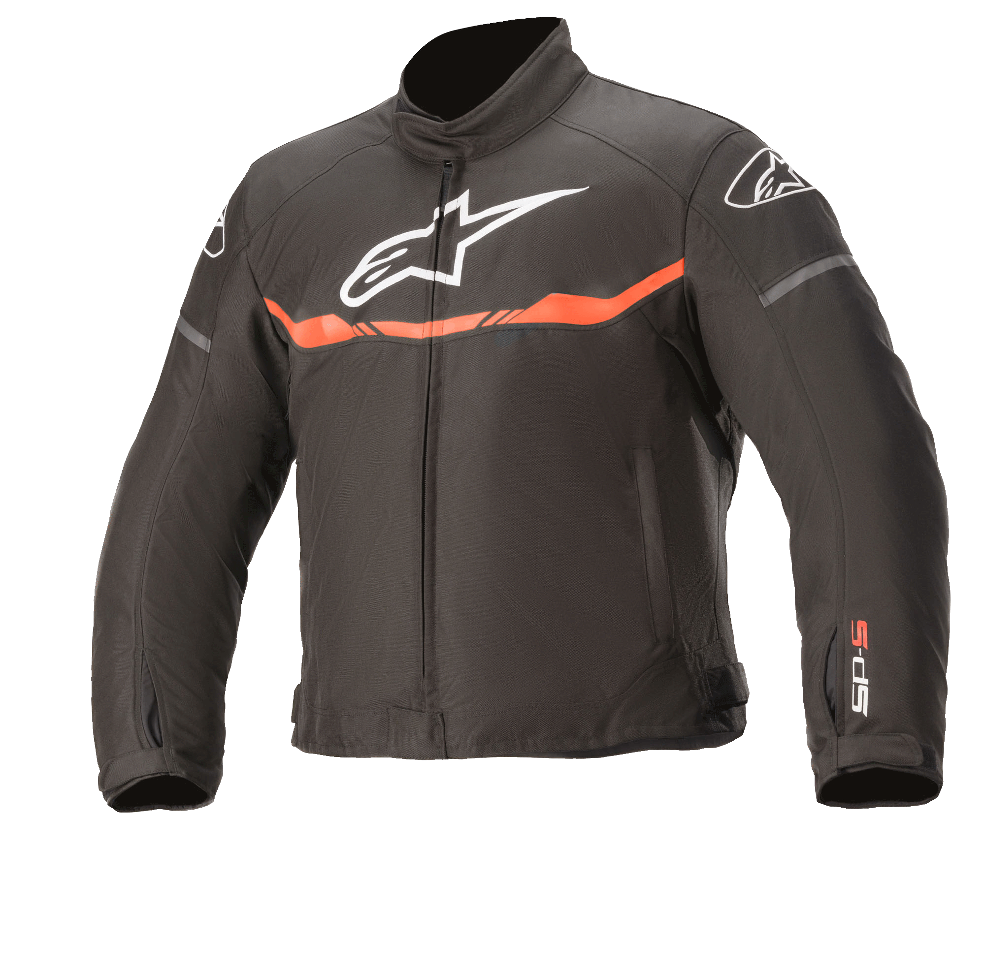 Veste imperméable Alpinestars Youth T-Sp S, veste de moto, noir et rouge fluo, avec logo blanc sur la poitrine, bande horizontale rouge fluo et marquage SP-S sur la manche, construction textile imperméable durable pour les jeunes pilotes.