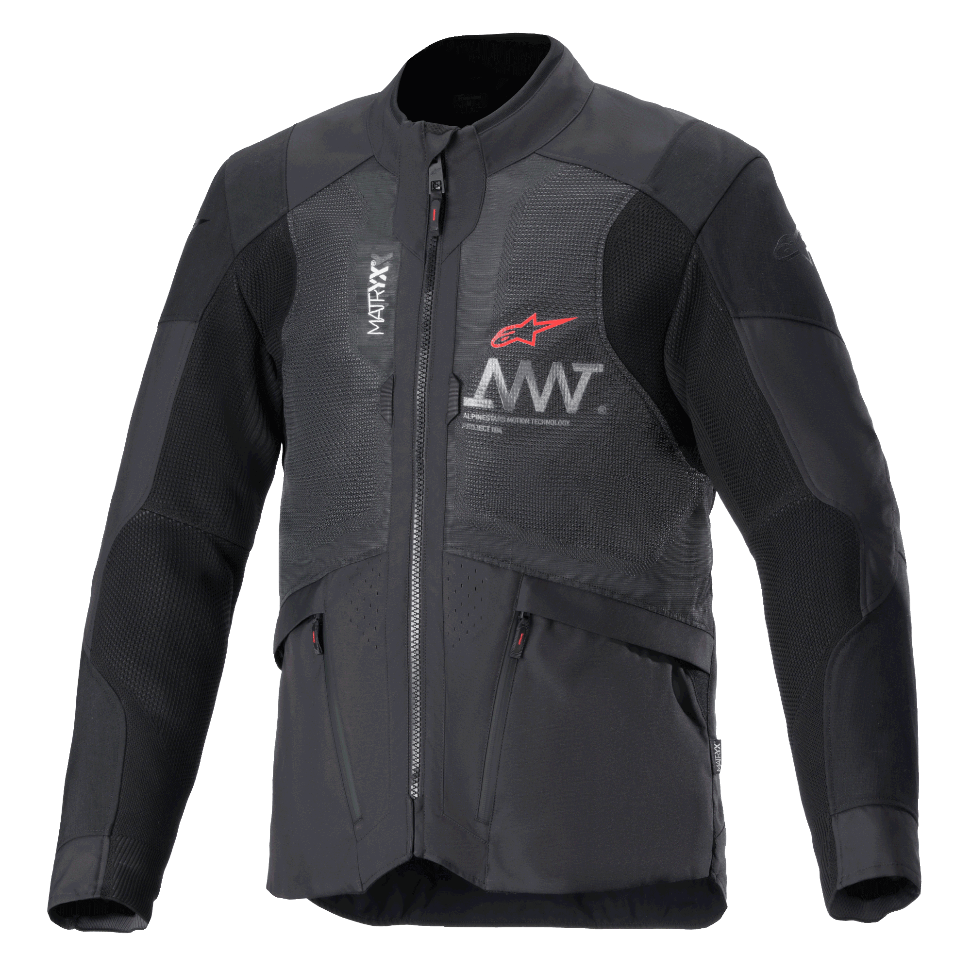 Alpinestars AMT-7 Air Jacke, Motorradjacke, Schwarz und Dark Shadow, MATRYX Mesh-Belüftungspaneele auf der Brust, rotes Stern-Logo mit silbernem AMT-Branding, vordere Cargo-Taschen mit Reißverschluss, Textil-Adventure- und Road-Touring-Design