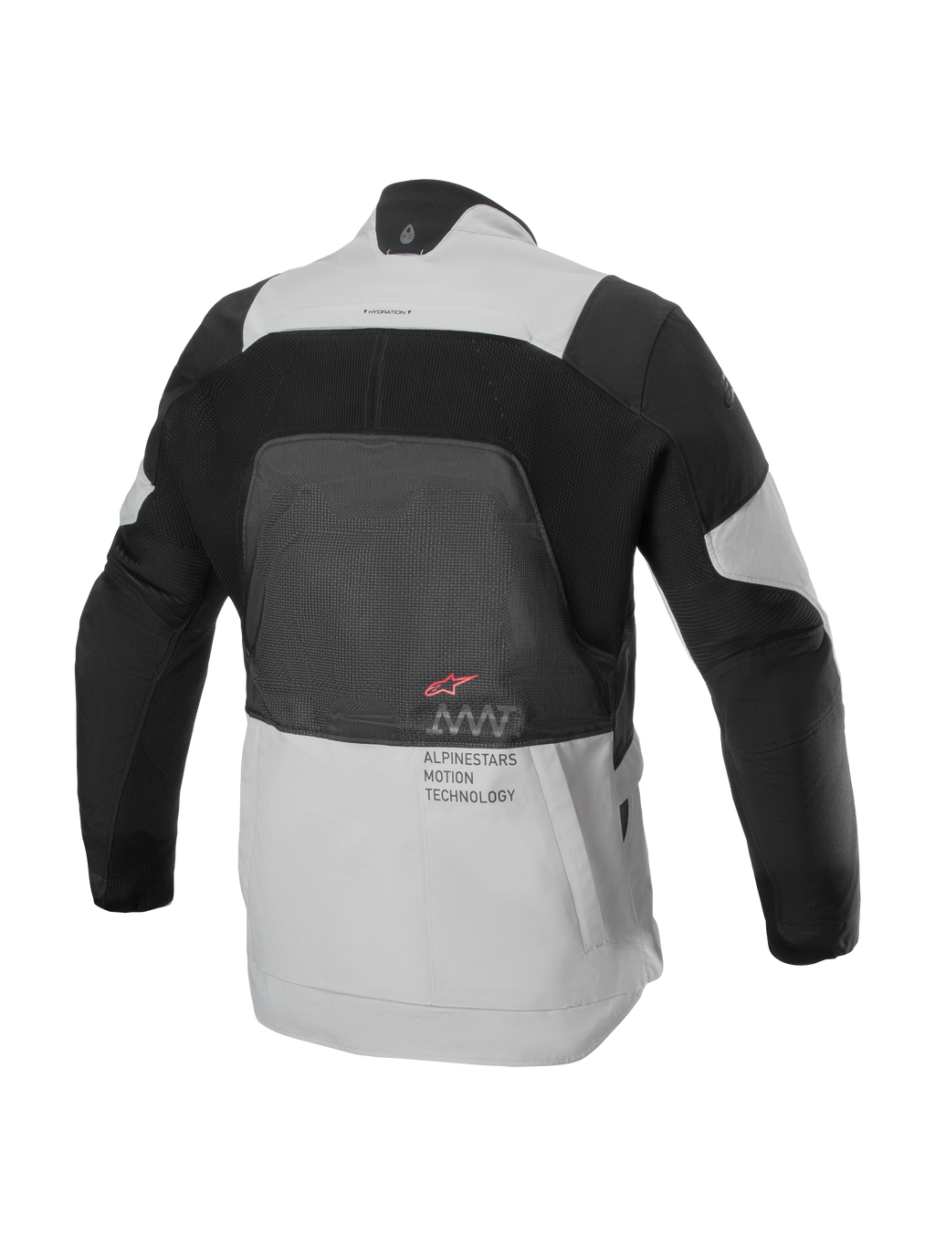 Veste Alpinestars AMT-7 Air, vue arrière, Tan et Dark Shadow, veste de moto technique avec un grand panneau en maille MATRYX® au dos, texte « Alpinestars Motion Technology » et logo rouge, conçue pour le touring d'aventure en été