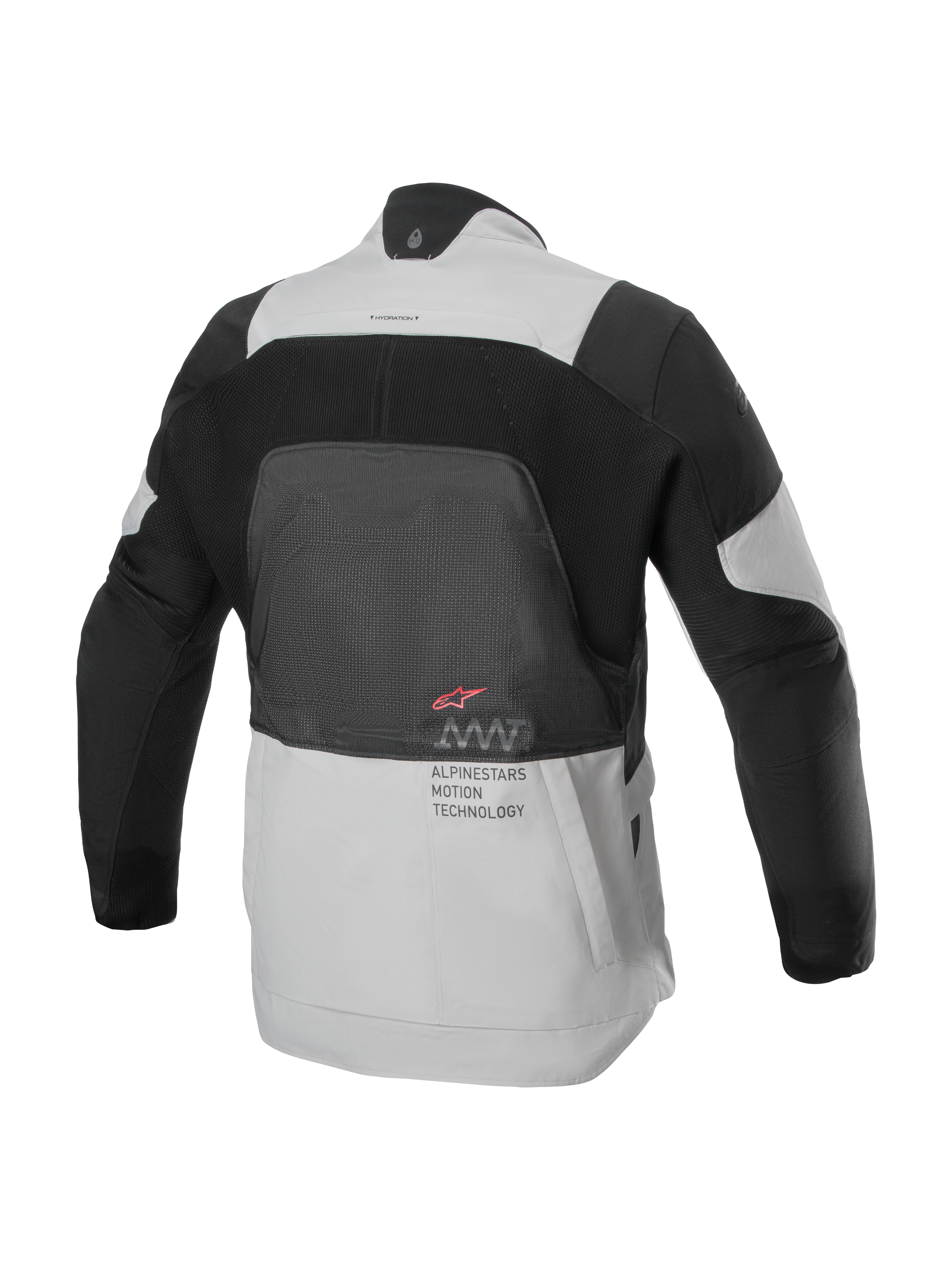 Veste Alpinestars AMT-7 Air, vue arrière, Tan et Dark Shadow, veste de moto technique avec un grand panneau en maille MATRYX® au dos, texte « Alpinestars Motion Technology » et logo rouge, conçue pour le touring d'aventure en été