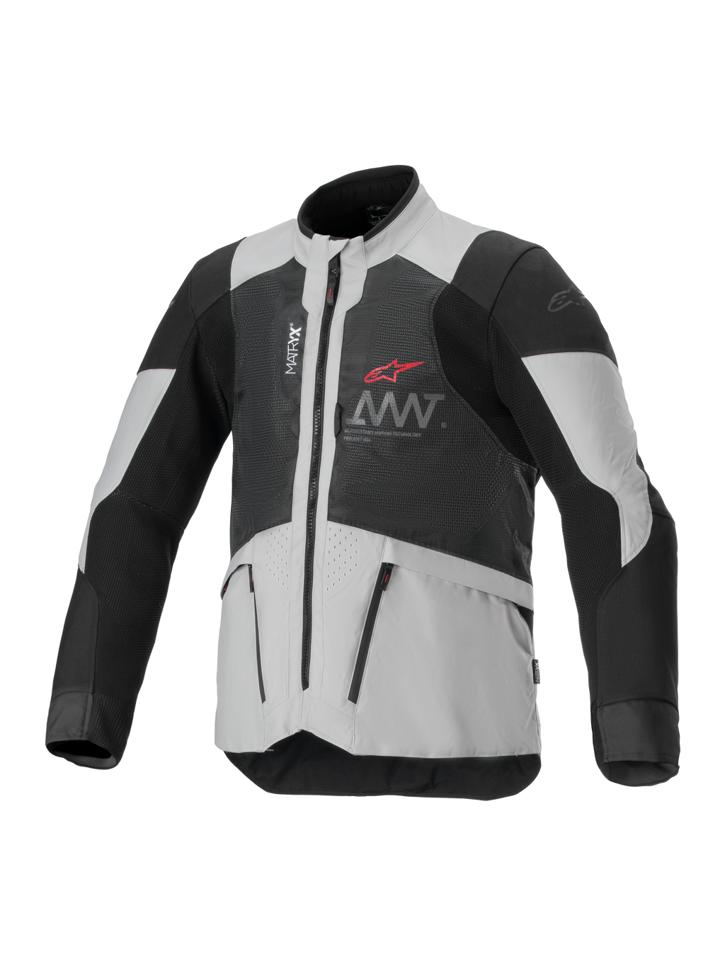 Alpinestars AMT-7 Air Jacket, veste de moto ventilée, noire et blanche, avec panneaux de ventilation MATRYX, poches zippées, col montant, design sportif avec logo Alpinestars rouge