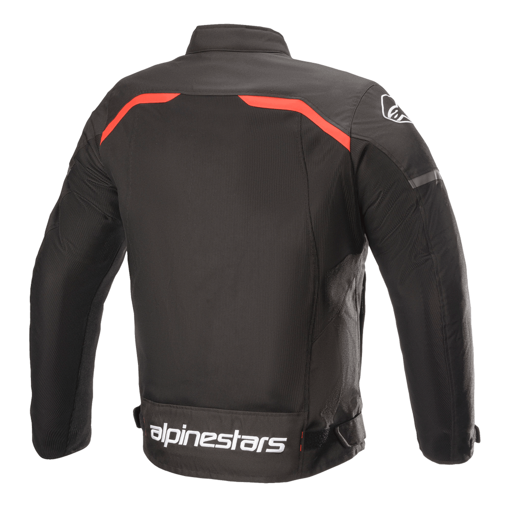 Alpinestars T-SPS Superair Jacke, Textil-Motorradjacke, Schwarz mit leuchtend roten Akzenten, Rückansicht mit großen Mesh-Belüftungseinsätzen, rote Paspelierung über den Schultern und auffälliges weißes Alpinestars-Branding am unteren Rücken.