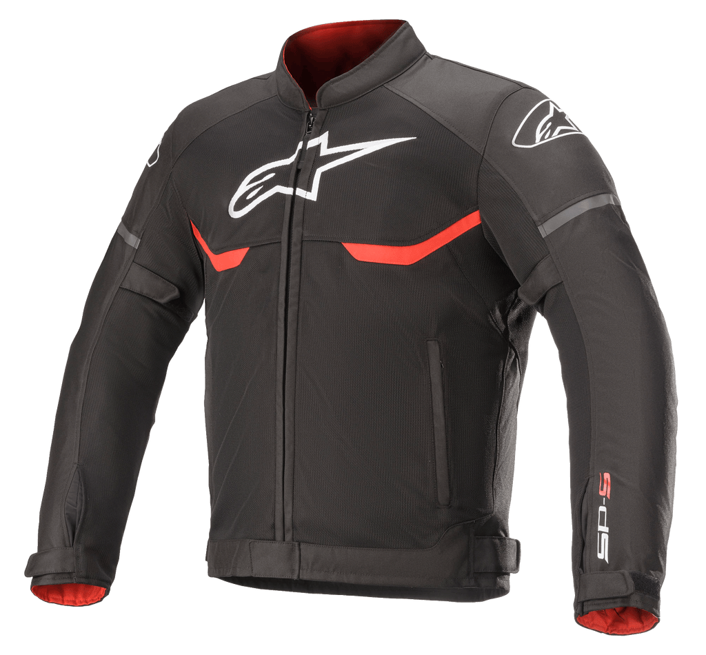 Alpinestars T-SPS Superair Jacke, Motorrad-Textiljacke, Schwarz mit leuchtend roten und weißen Akzenten, Mesh-Belüftungseinsätze, weißes Astars-Logo auf Brust und Schultern, rotes Innenfutter