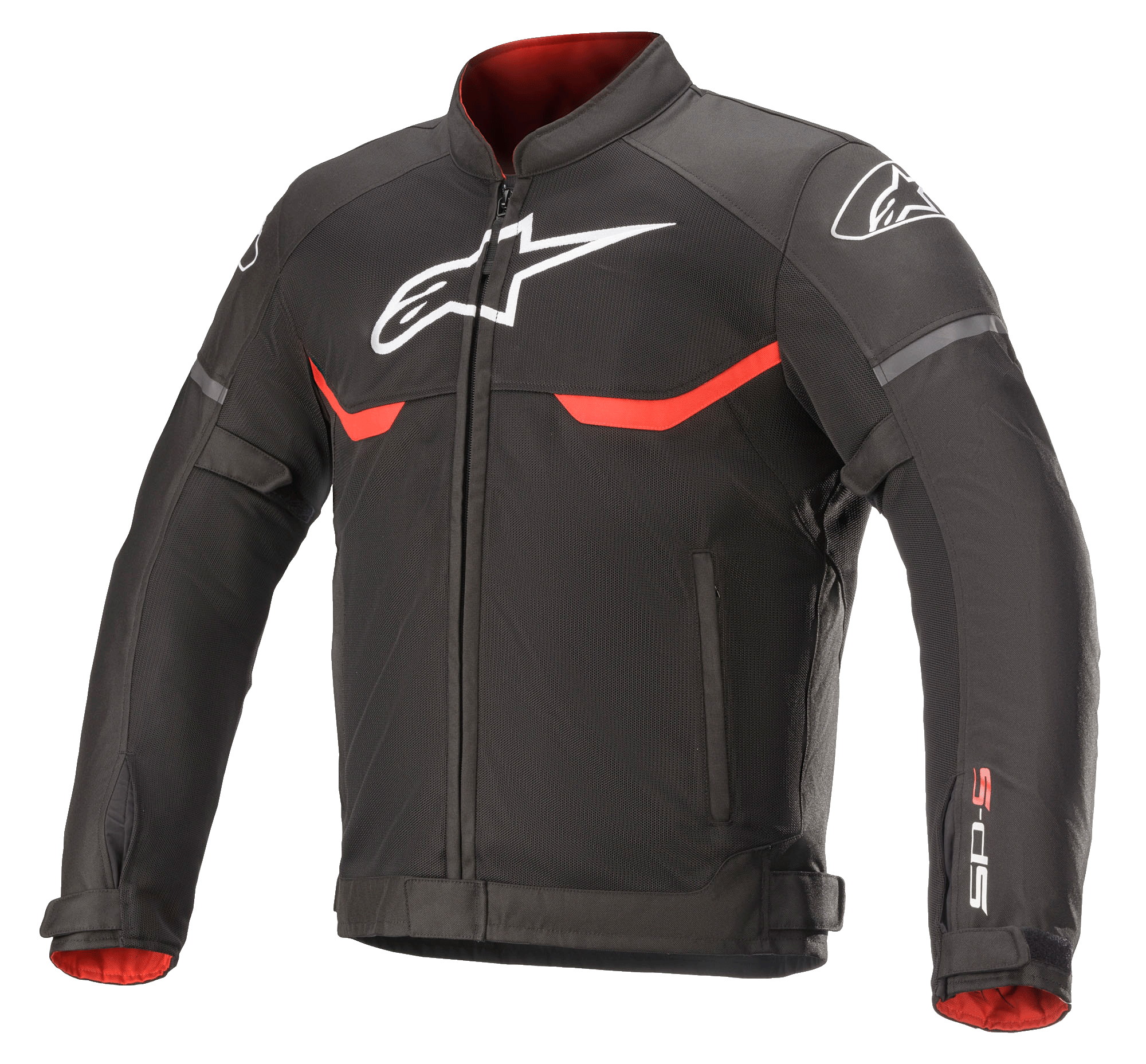 Alpinestars T-SPS Superair Jacke, Motorrad-Textiljacke, Schwarz mit leuchtend roten und weißen Akzenten, Mesh-Belüftungseinsätze, weißes Astars-Logo auf Brust und Schultern, rotes Innenfutter