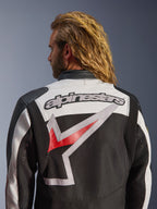 Alpinestars Axton Jacket, Motorcycle Jacket, Black Off White and Bright Red, rear view featuring large embroidered Alpinestars logo and stylized graphic, accordion shoulder panels for mobility, vintage-inspired design with metal eyelet details