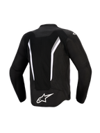 Alpinestars AST V3 Air Jacke, Rückansicht, Schwarz mit weißen und dunkelgrauen Akzenten, mit einem großen Mesh-Belüftungseinsatz, einem weißen Alpinestars-Logo am unteren Rücken und laserperforierten Zonen, technische Motorradjacke mit Sport-Passform