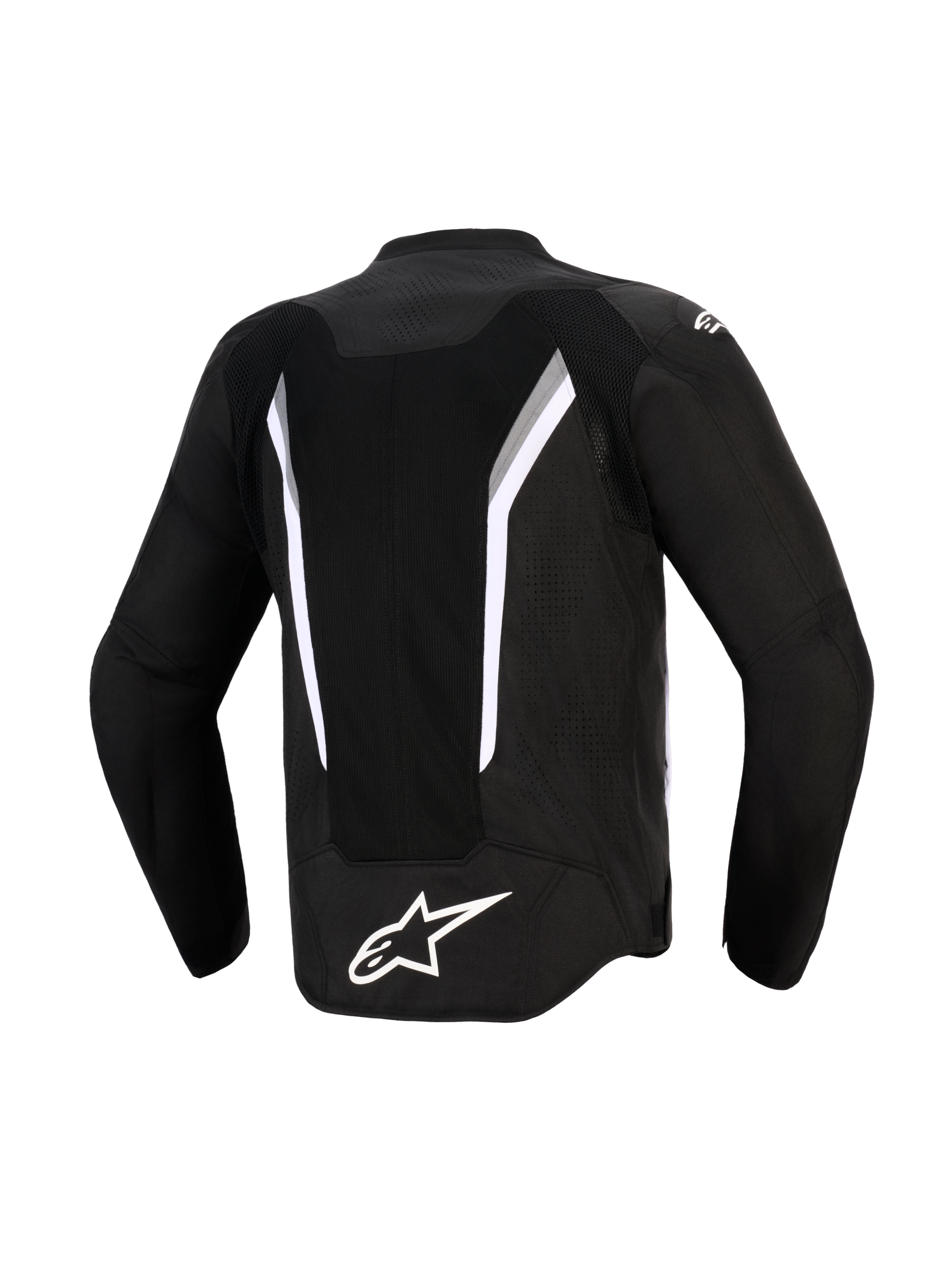 Alpinestars AST V3 Air Jacke, Rückansicht, Schwarz mit weißen und dunkelgrauen Akzenten, mit einem großen Mesh-Belüftungseinsatz, einem weißen Alpinestars-Logo am unteren Rücken und laserperforierten Zonen, technische Motorradjacke mit Sport-Passform