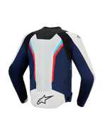 Veste Alpinestars AST V3 Air, vue arrière, argent, bleu profond et rouge vif, veste de moto technique dotée de larges panneaux de ventilation en maille, design sportif multi-panneaux avec des accents rouges et bleu clair, logo A-star noir sur le bas du dos argenté.