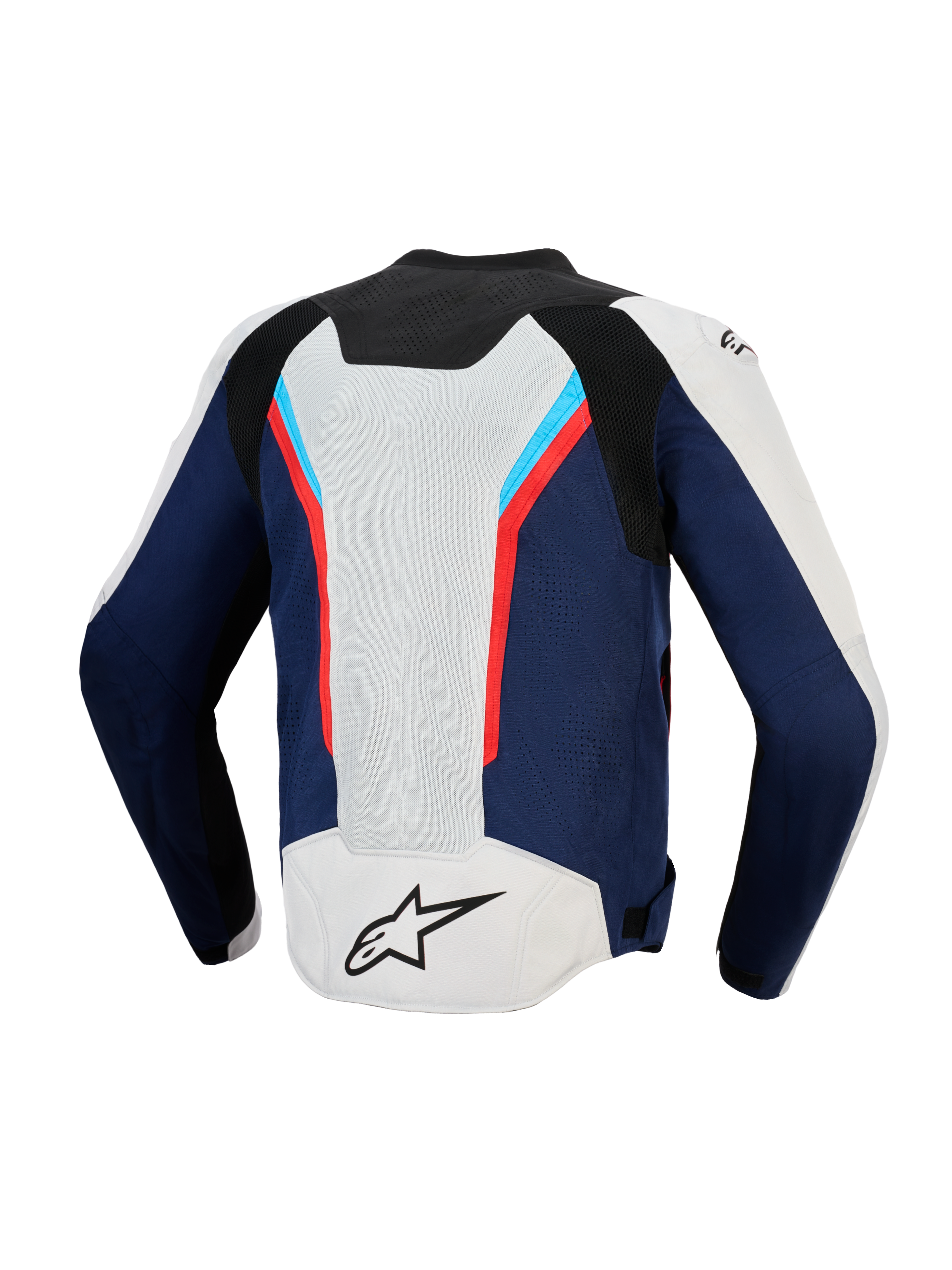 Veste Alpinestars AST V3 Air, vue arrière, argent, bleu profond et rouge vif, veste de moto technique dotée de larges panneaux de ventilation en maille, design sportif multi-panneaux avec des accents rouges et bleu clair, logo A-star noir sur le bas du dos argenté.