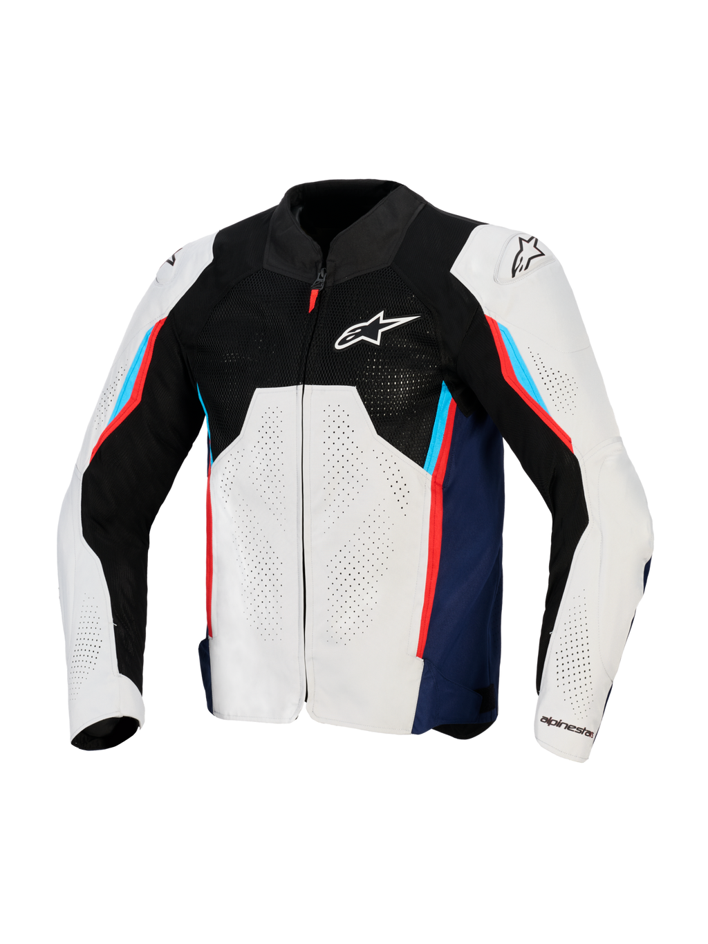 Veste Alpinestars AST V3 Air, veste de moto de course, argent, bleu profond et rouge vif, vue de face avec empiècement supérieur en maille technique noire, panneaux textiles perforés au laser et sliders d'épaule DFS externes, design coupe sport pour temps chaud.