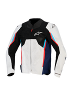 Veste Alpinestars AST V3 Air, veste de moto de course, argent, bleu profond et rouge vif, vue de face avec empiècement supérieur en maille technique noire, panneaux textiles perforés au laser et sliders d'épaule DFS externes, design coupe sport pour temps chaud.