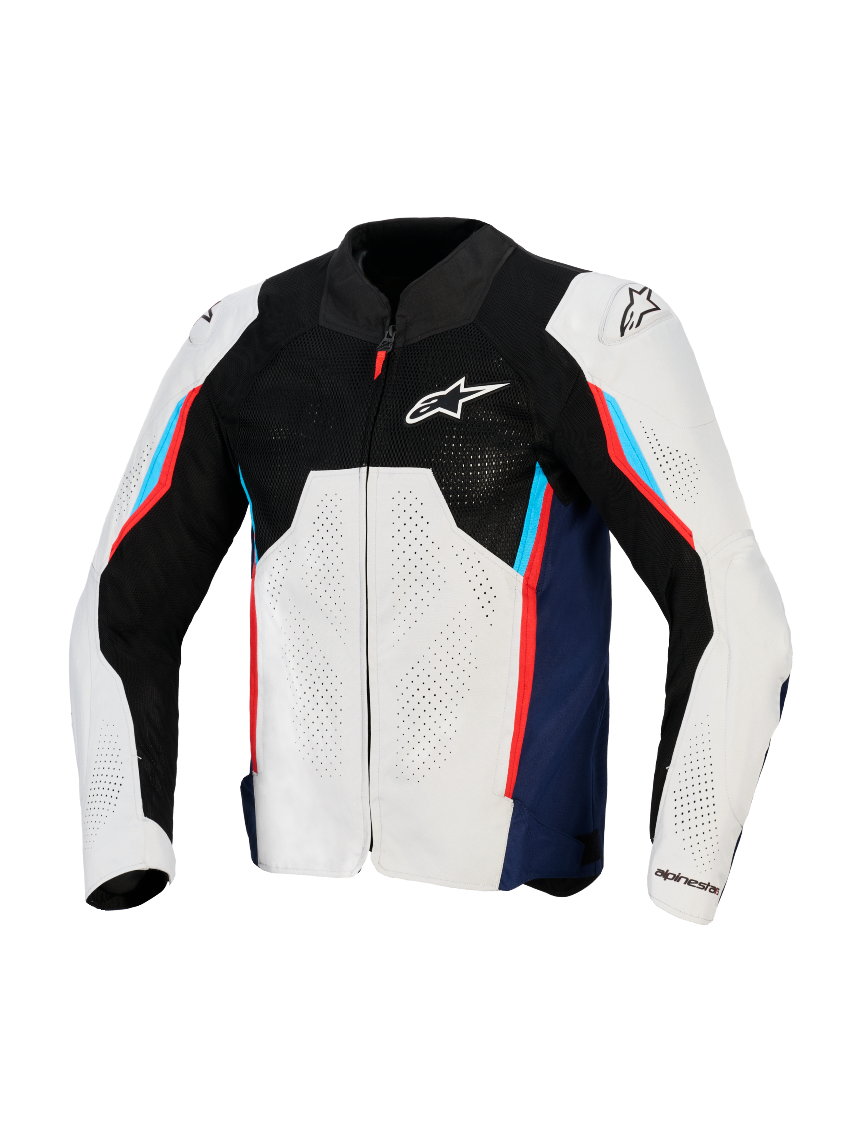 Veste Alpinestars AST V3 Air, veste de moto de course, argent, bleu profond et rouge vif, vue de face avec empiècement supérieur en maille technique noire, panneaux textiles perforés au laser et sliders d'épaule DFS externes, design coupe sport pour temps chaud.