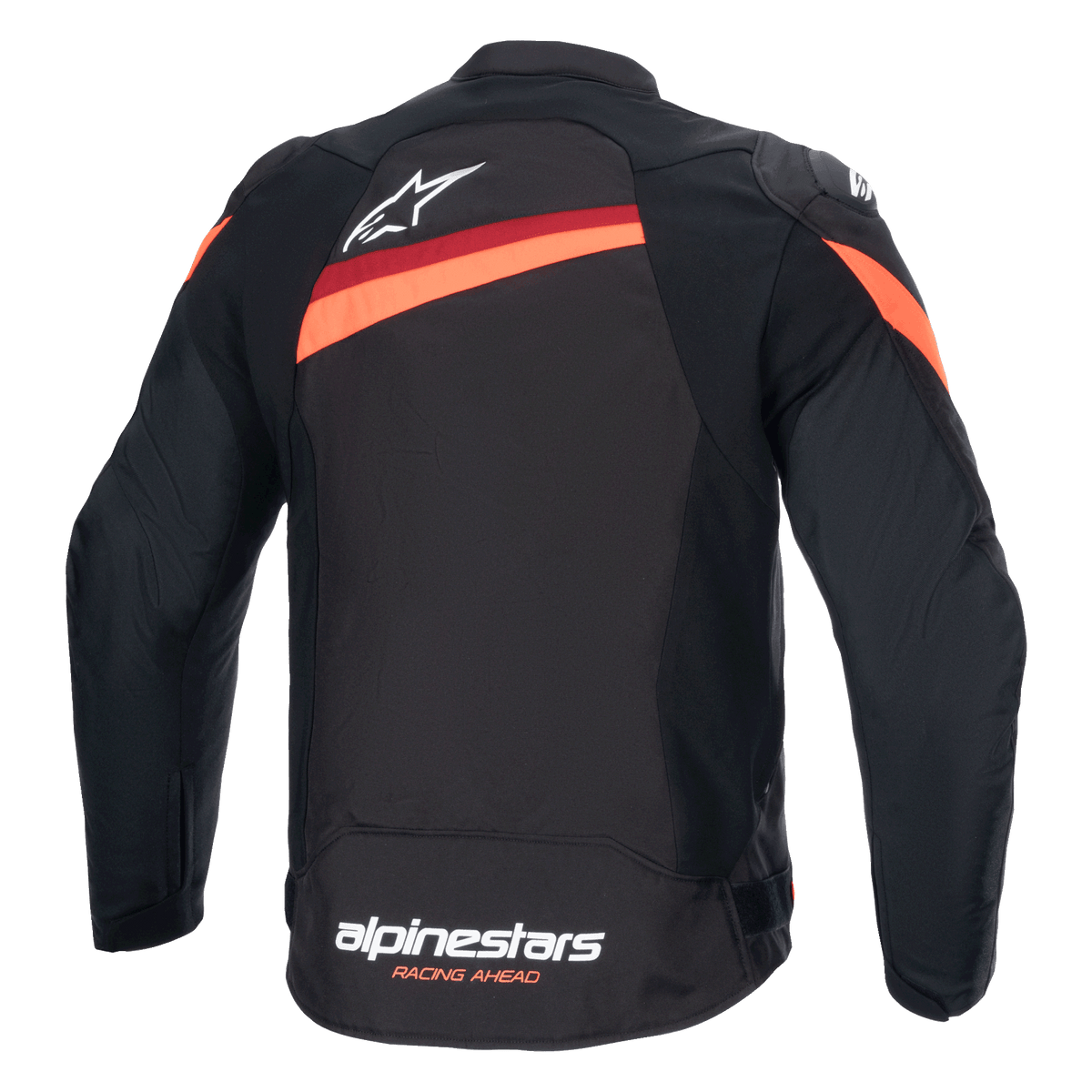 Alpinestars T-GP Plus R V4 Jacke, Rückansicht, Schwarz und Fluo-Rot, Sport-Motorradjacke aus Textil, mit weißem Alpinestars-Logo auf dem oberen Rücken und Branding am unteren Saum, diagonale rote Streifen über Schultern und Rücken, vorgeformte Ärmel