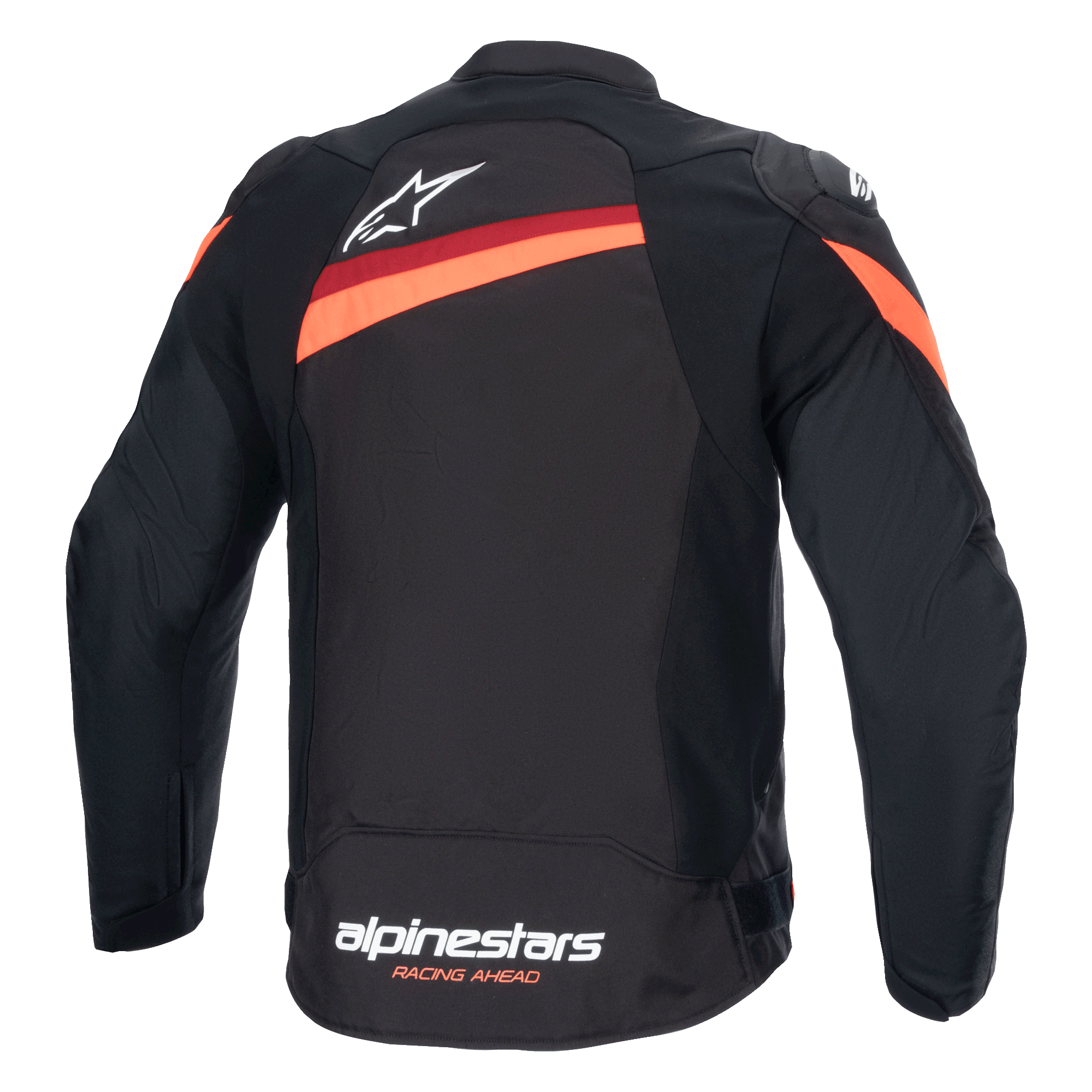 Alpinestars T-GP Plus R V4 Jas, achteraanzicht, zwart en rood fluo, textiele sportieve motorjas, voorzien van wit Alpinestars-logo op de bovenrug en merknaam op de onderste zoom, diagonale rode strepen over de schouders en rug, voorgevormde mouwen.