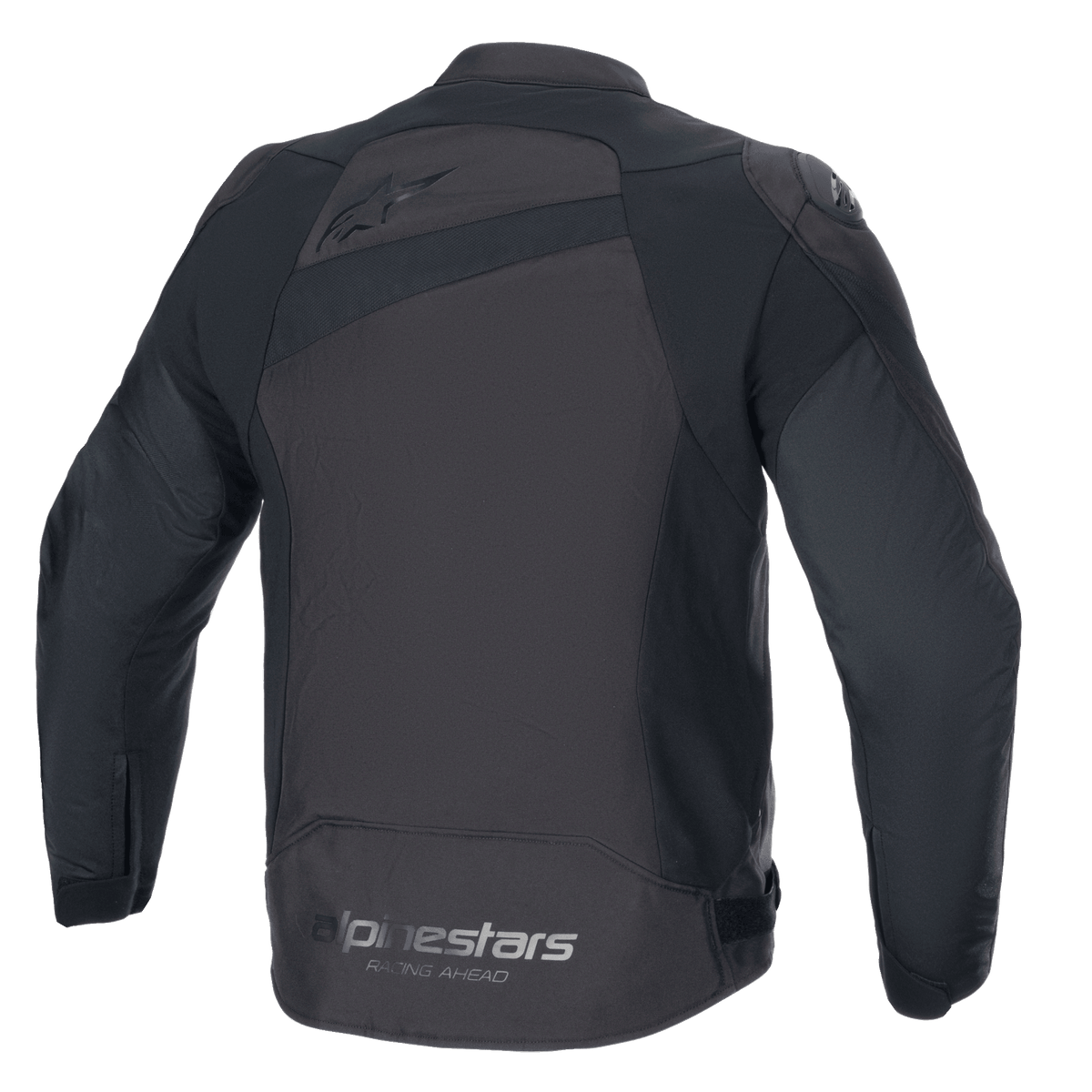 Alpinestars T-GP Plus R V4 Jacke, Textil-Motorradjacke, Schwarz, Rückansicht mit Alpinestars-Branding und „Racing Ahead“-Slogan, Sport-Passform mit DFS Lite Schulterprotektoren und strapazierfähiger Poly-Gewebe-Konstruktion