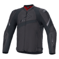 Veste Alpinestars T-GP Plus R V4, veste de moto en textile noir, logo Alpinestars embossé sur la poitrine, bandes réfléchissantes grises, doublure intérieure rouge au col, coupe sport avec épaules et coudes rembourrés, design de style racing