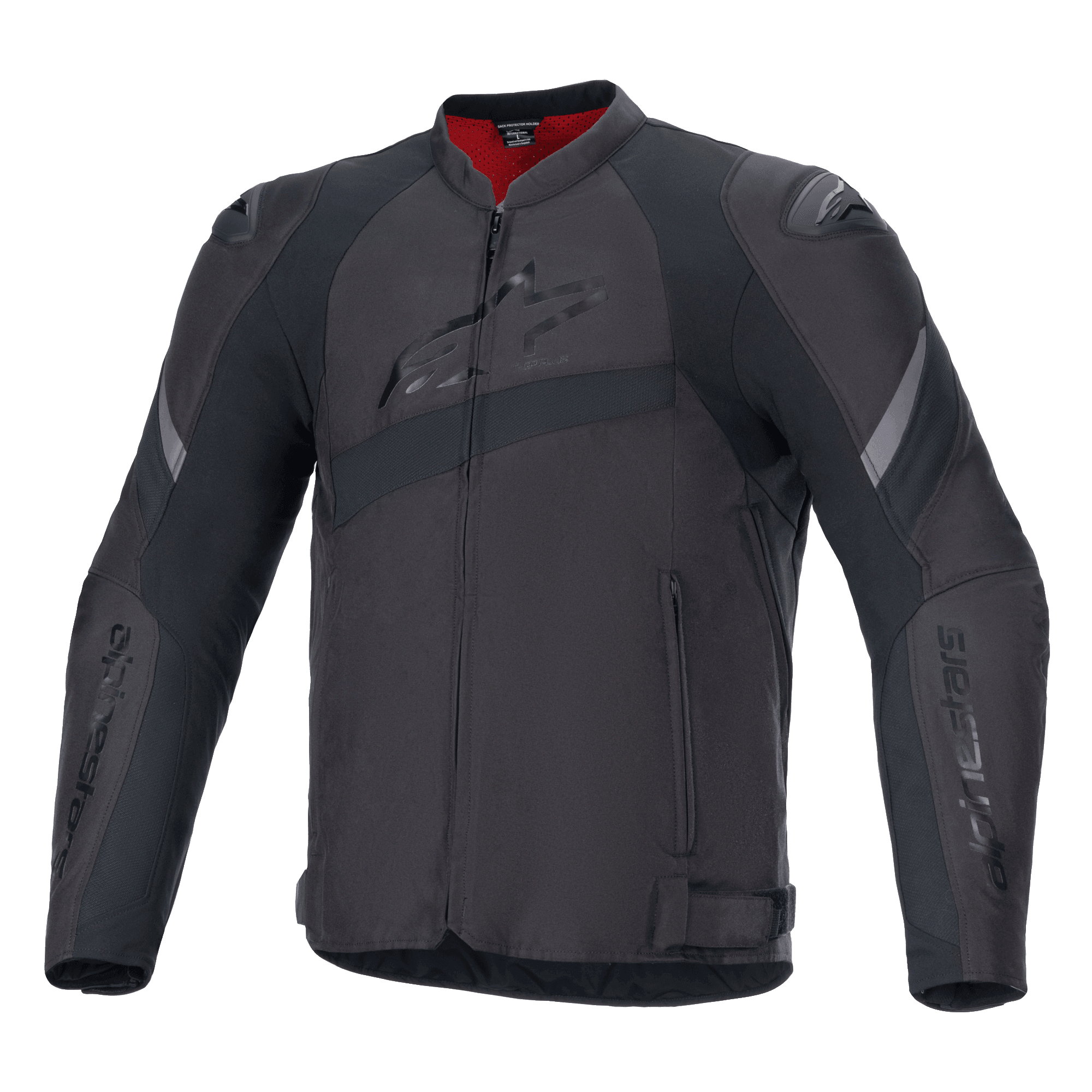 Veste Alpinestars T-GP Plus R V4, veste de moto en textile noir, logo Alpinestars embossé sur la poitrine, bandes réfléchissantes grises, doublure intérieure rouge au col, coupe sport avec épaules et coudes rembourrés, design de style racing