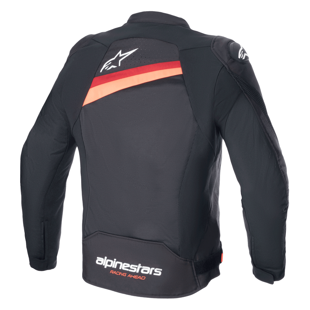 Alpinestars T-GP Plus R V4 Airflow Jacke, Schwarz mit Rot Fluo, Rückansicht der Textil-Motorradjacke mit großen Mesh-Belüftungseinsätzen, weißem Astar-Logo auf dem oberen Rücken und „alpinestars RACING AHEAD“-Branding auf dem unteren Rücken.