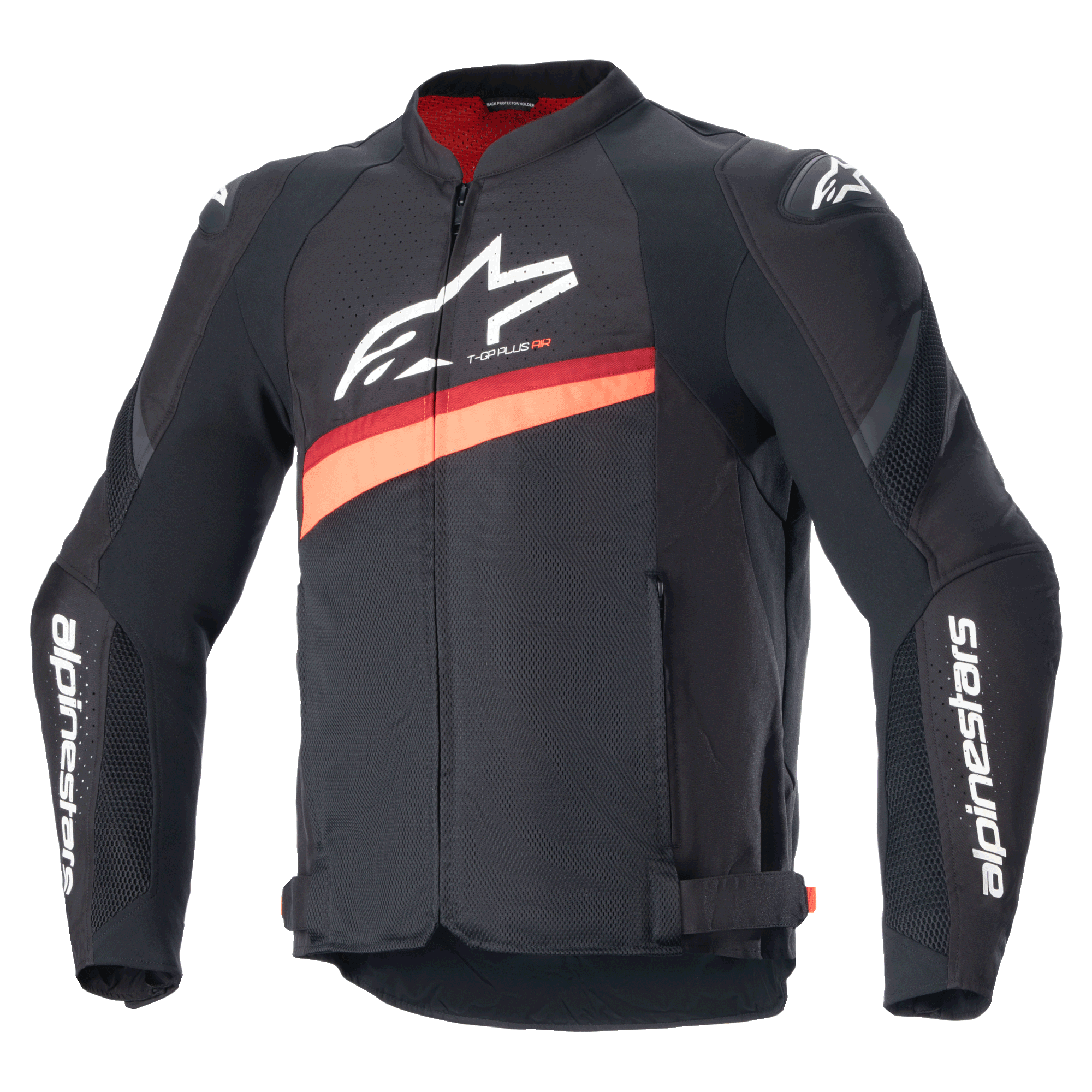 Alpinestars T-GP Plus R V4 Airflow Jacket, Black and Red Fluo textile motorcycle racing jacket, featuring large mesh ventilation panels, white branding on the chest and sleeves, adjustable waist straps, and sporty design.