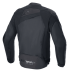 Alpinestars T-GP Plus R V4 Airflow Jacket, Zwart/Zwart, achteraanzicht, met groot meshpaneel voor maximale luchtstroom, geperforeerde bovenrug, subtiel logo in reliëf en Alpinestars Racing Ahead-branding op de onderrug, textiele motorjas met sportieve pasvorm