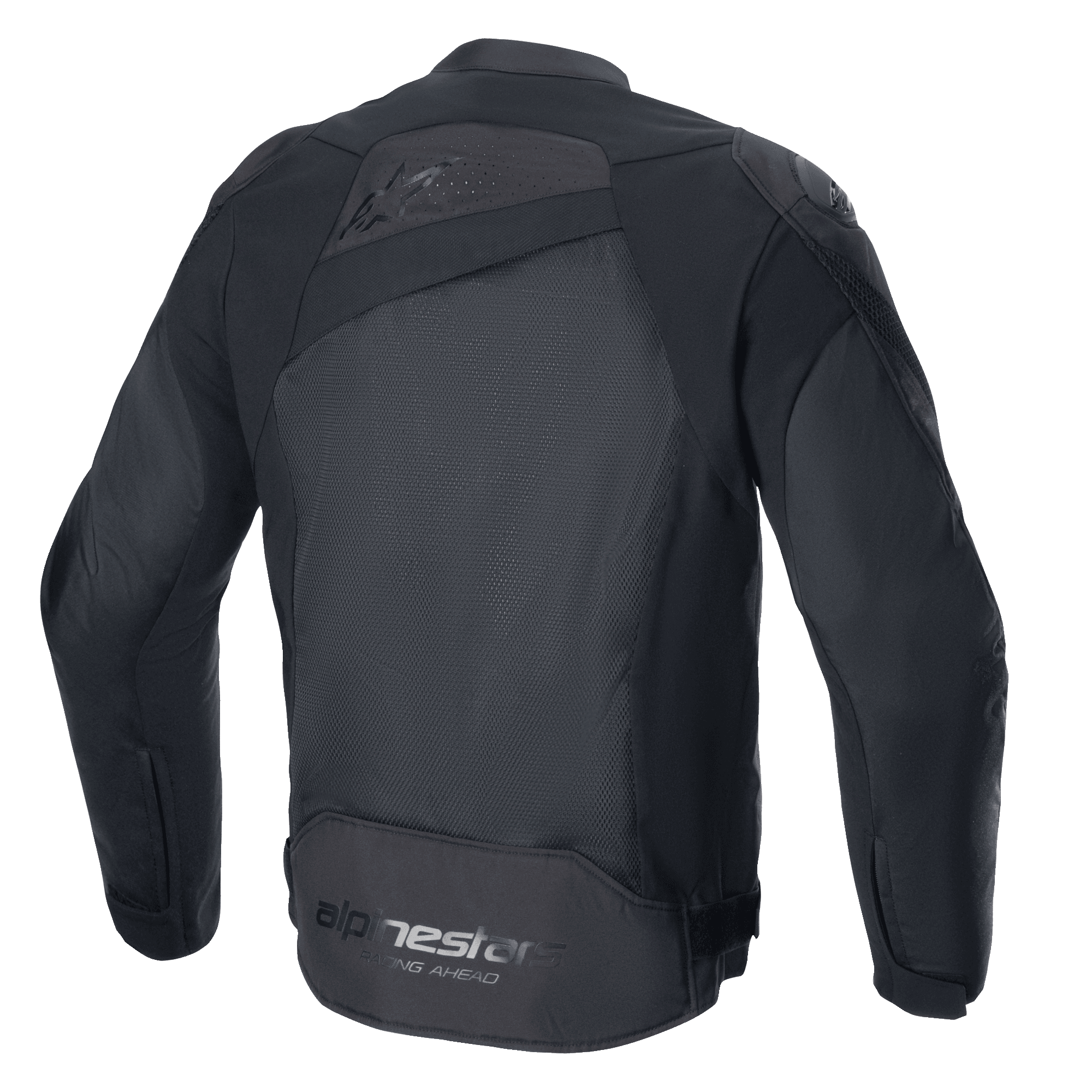 Alpinestars T-GP Plus R V4 Airflow Jacket, Zwart/Zwart, achteraanzicht, met groot meshpaneel voor maximale luchtstroom, geperforeerde bovenrug, subtiel logo in reliëf en Alpinestars Racing Ahead-branding op de onderrug, textiele motorjas met sportieve pasvorm