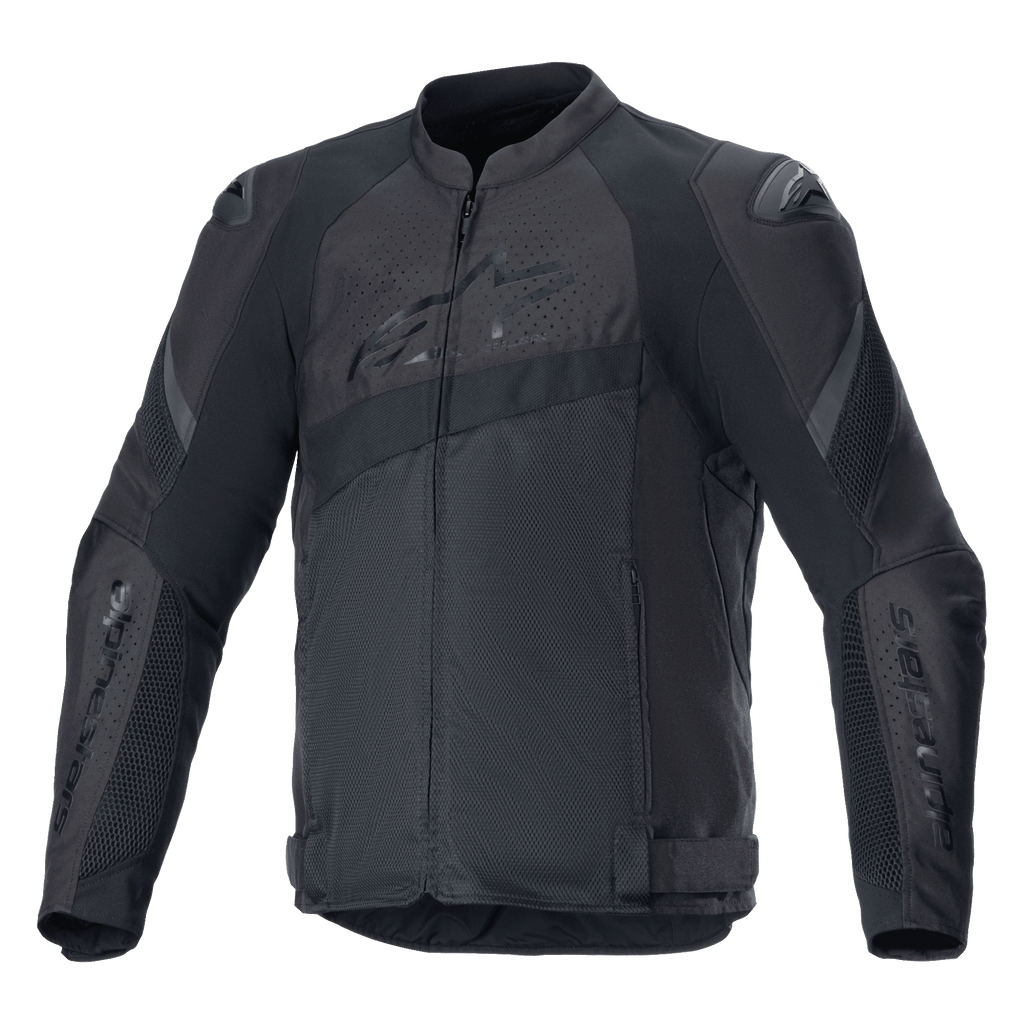 Alpinestars T-GP Plus R V4 Airflow motorjas, zwarte textiele motorracejas, uitgebreide mesh ventilatiepanelen, geperforeerde zones op de borst en rug, DFS Lite schouderbeschermers, verstelbare taillebanden, sportieve rijuitrusting