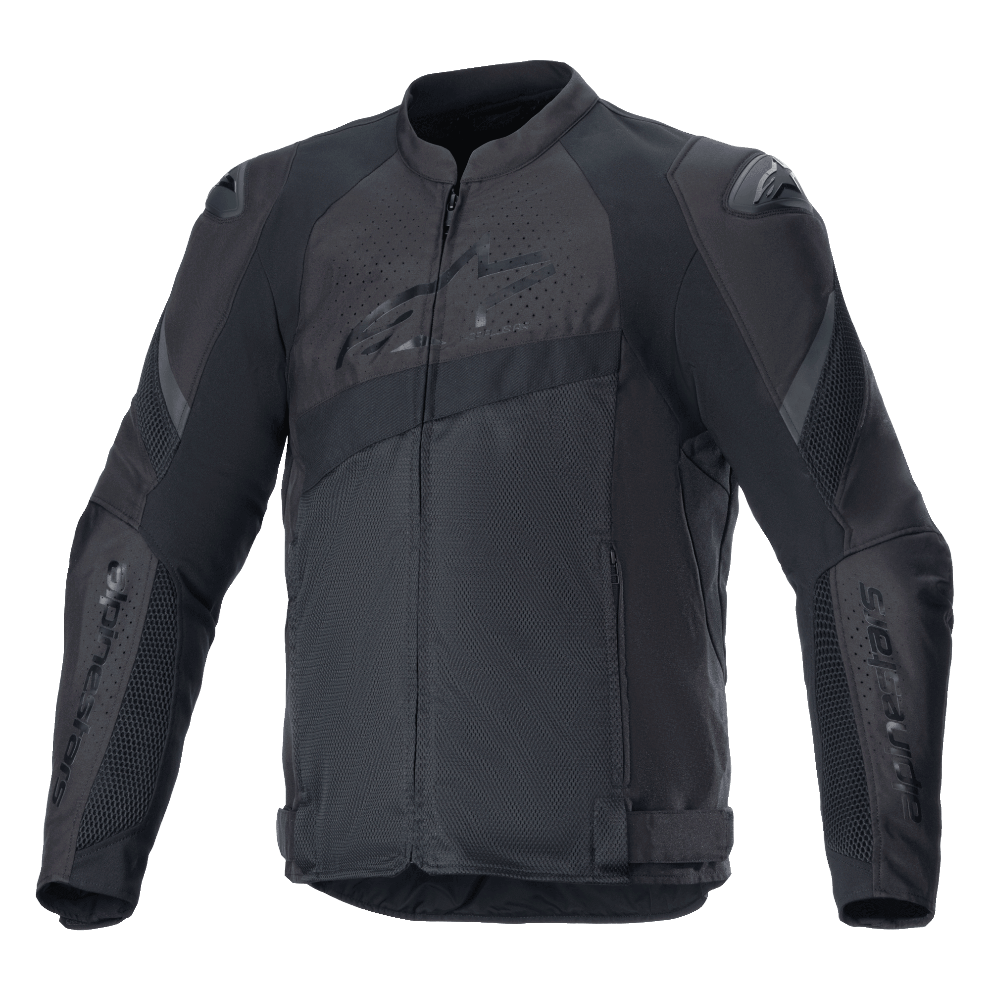 Alpinestars T-GP Plus R V4 Airflow motorjas, zwarte textiele motorracejas, uitgebreide mesh ventilatiepanelen, geperforeerde zones op de borst en rug, DFS Lite schouderbeschermers, verstelbare taillebanden, sportieve rijuitrusting