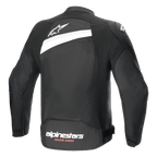 Veste Alpinestars T-GP Plus R V4 Airflow, veste de moto en textile, noir et blanc, vue arrière présentant un large panneau en maille, logo étoile blanc sur le haut du dos et marquage Alpinestars Racing Ahead sur le bas du dos, coupe sport pour une ventilation optimale