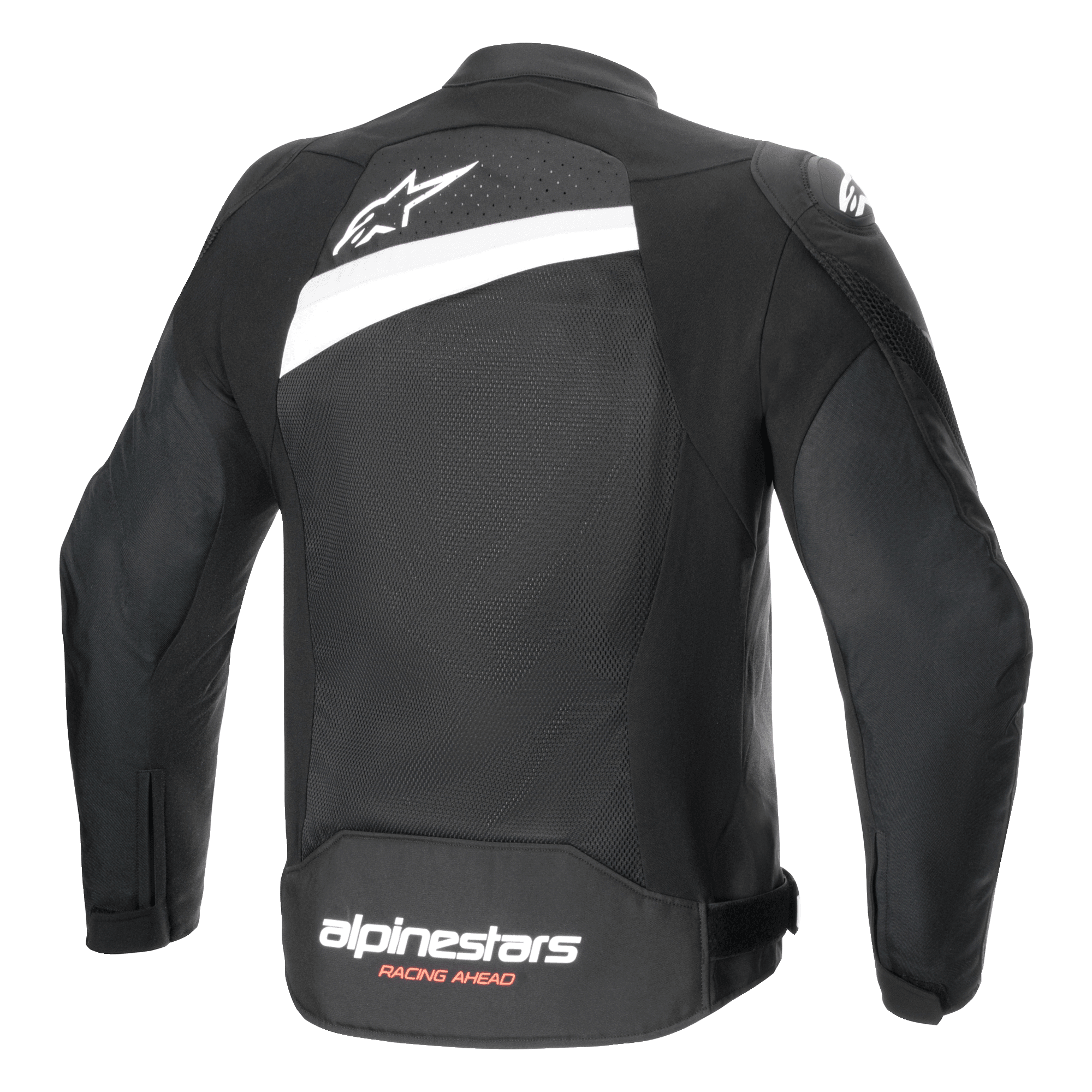 Veste Alpinestars T-GP Plus R V4 Airflow, veste de moto en textile, noir et blanc, vue arrière présentant un large panneau en maille, logo étoile blanc sur le haut du dos et marquage Alpinestars Racing Ahead sur le bas du dos, coupe sport pour une ventilation optimale