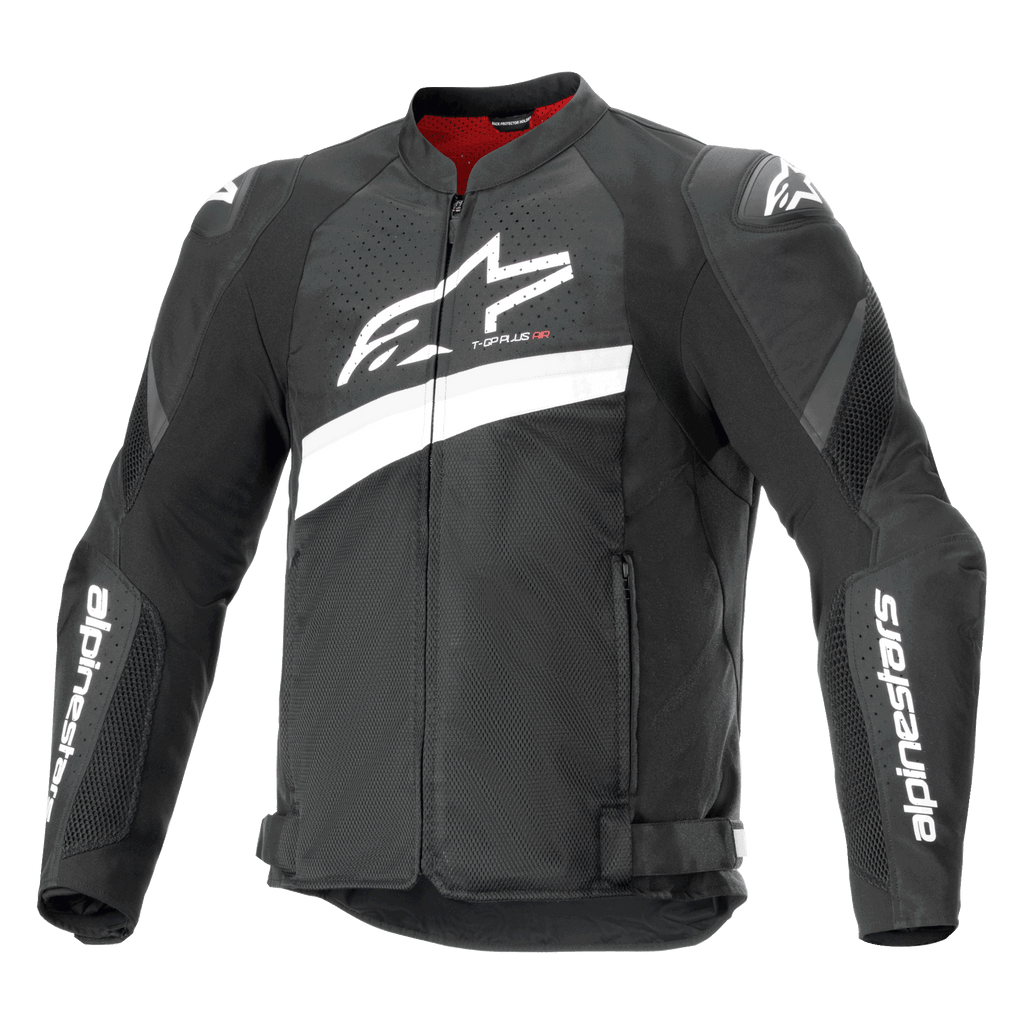 Veste Alpinestars T-GP Plus R V4 Airflow, veste de moto de course en textile, noir et blanc, avec un grand logo Astar blanc sur la poitrine, des panneaux en mesh perforé pour la ventilation, une doublure intérieure rouge et des protections d'épaules DFS Lite