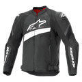 Veste Alpinestars T-GP Plus R V4 Airflow, veste de moto de course en textile, noir et blanc, avec un grand logo Astar blanc sur la poitrine, des panneaux en mesh perforé pour la ventilation, une doublure intérieure rouge et des protections d'épaules DFS Lite