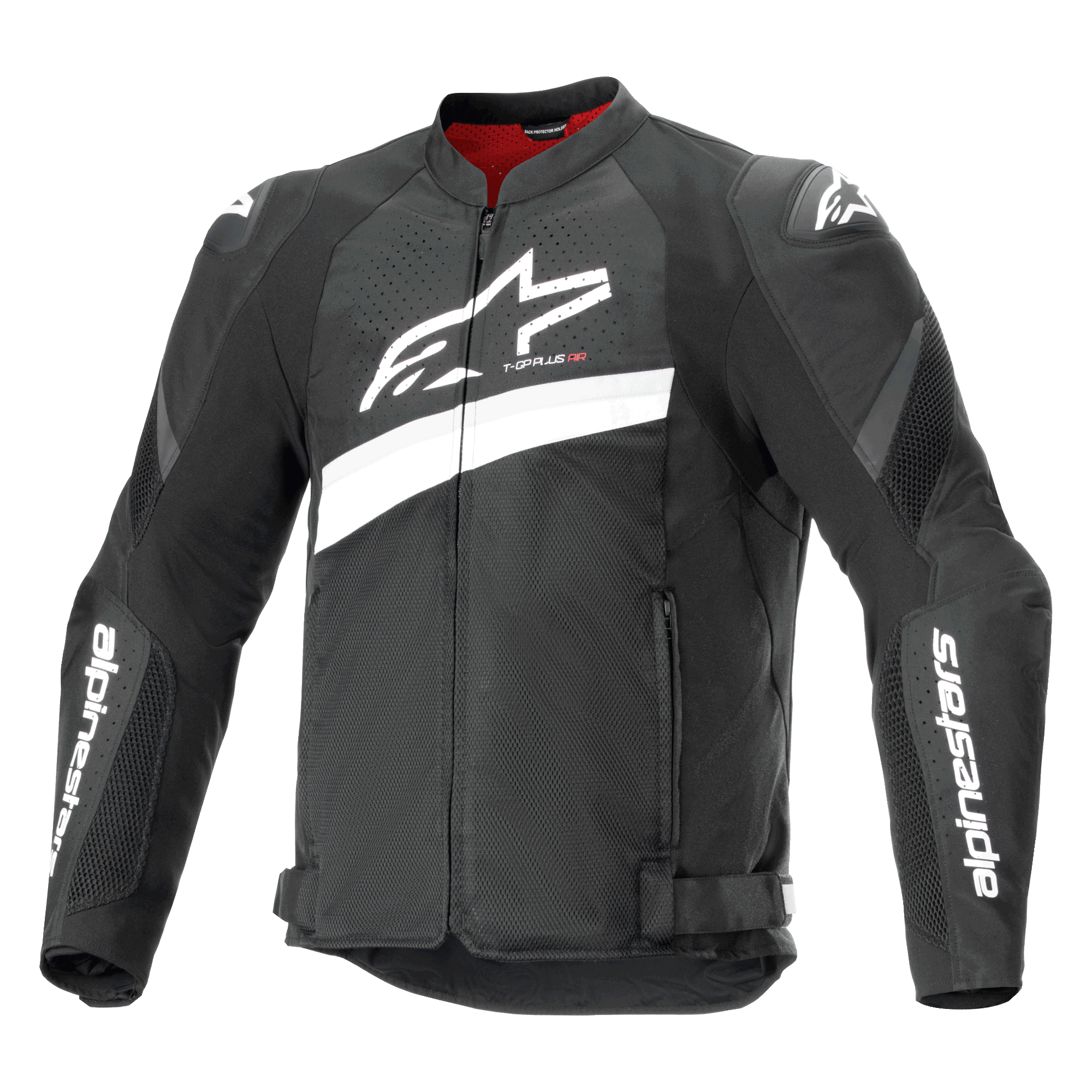 Veste Alpinestars T-GP Plus R V4 Airflow, veste de moto de course en textile, noir et blanc, avec un grand logo Astar blanc sur la poitrine, des panneaux en mesh perforé pour la ventilation, une doublure intérieure rouge et des protections d'épaules DFS Lite